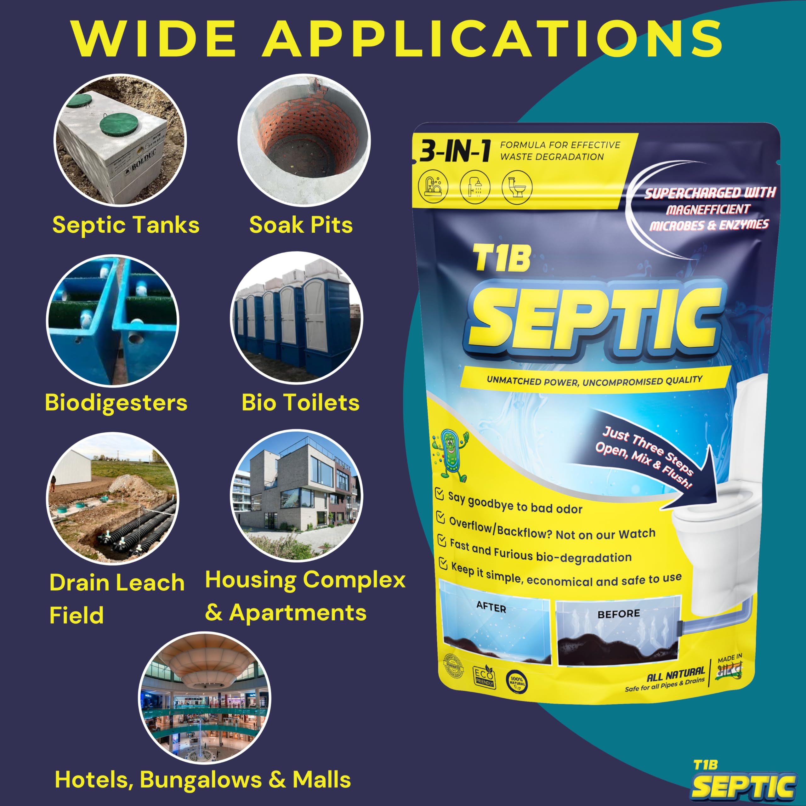 T1B Septic Tank Cleaner - 3-in-1 Formula for Kitchen, Bathroom & Toilet Waste Degradation | Reduces Sludge & Eliminates Odors | Septic Safe Bacteria Prevents Backflow & Overflow | 250g Pack (1 Count) | Ideal for Home, RV & Camping Septic Systems
