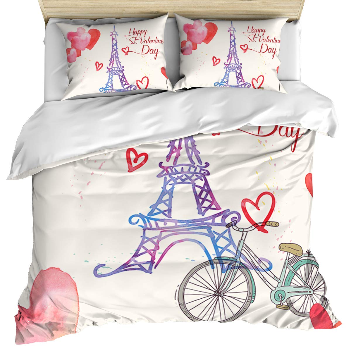 Luxury Full Size Duvet Cover Set - Valentine's Day Eiffel Tower & Bicycle Love Hearts Design, 3 Piece Bedding Set with Pillow Shams, 100% Cotton Soft & Cozy Quilt Cover for Bedroom, Machine Washable - Perfect for Romantic Bedroom Decor & Gift for Couples