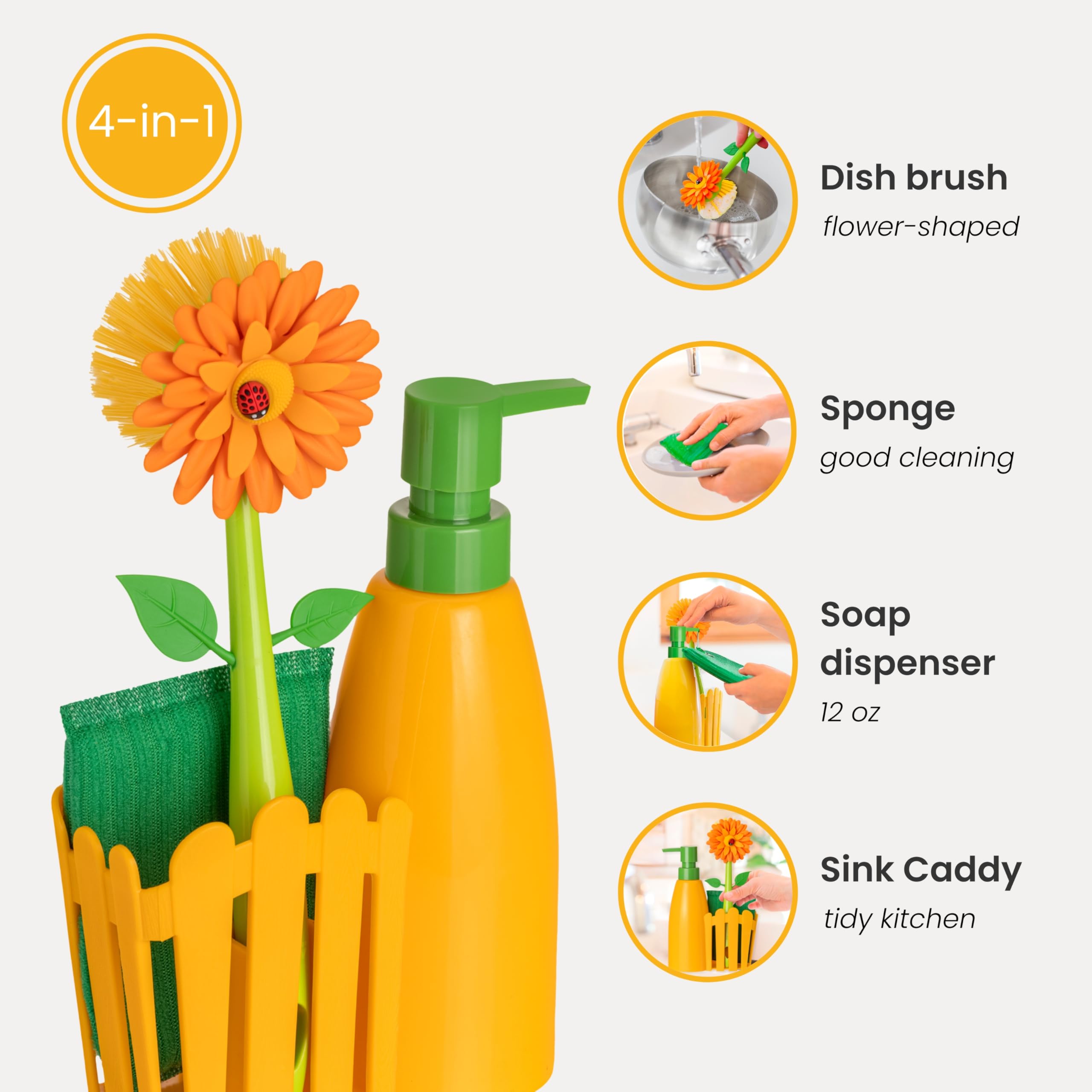 Vigar Flower Power Kitchen Soap Dispenser Set with Sponge Caddy & Dish Brush | Orange & Green Sink Organizer for Efficient Dishwashing
