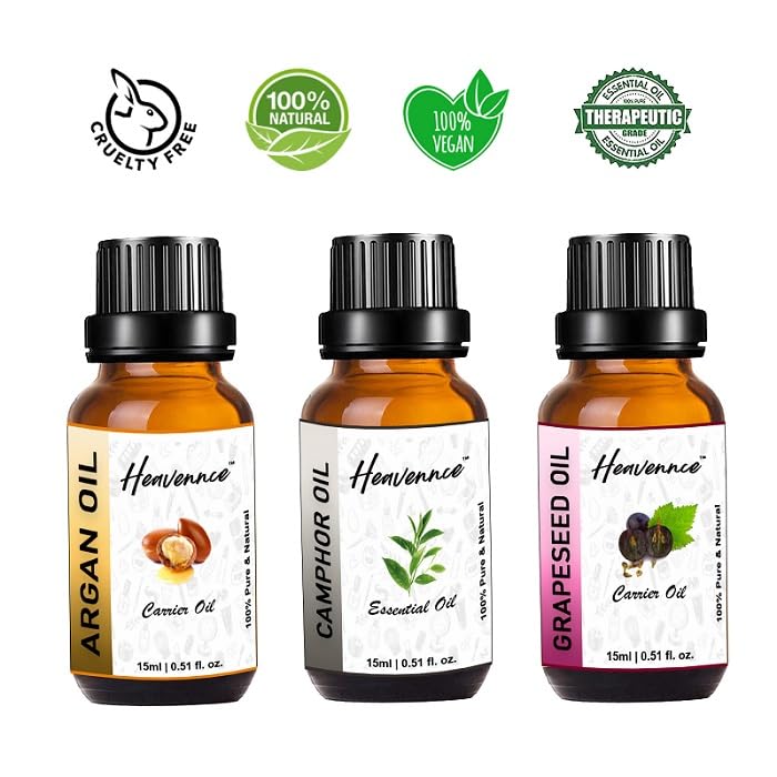 Premium Argan Oil, Camphor Oil & Grapeseed Oil Trio Set - Vitamin E Enriched for Anti-Aging | Deep Moisturizer for Skin & Hair Care | 3-Pack (45ml Each) | Perfect for Daily Skincare Routine & Hair Treatment