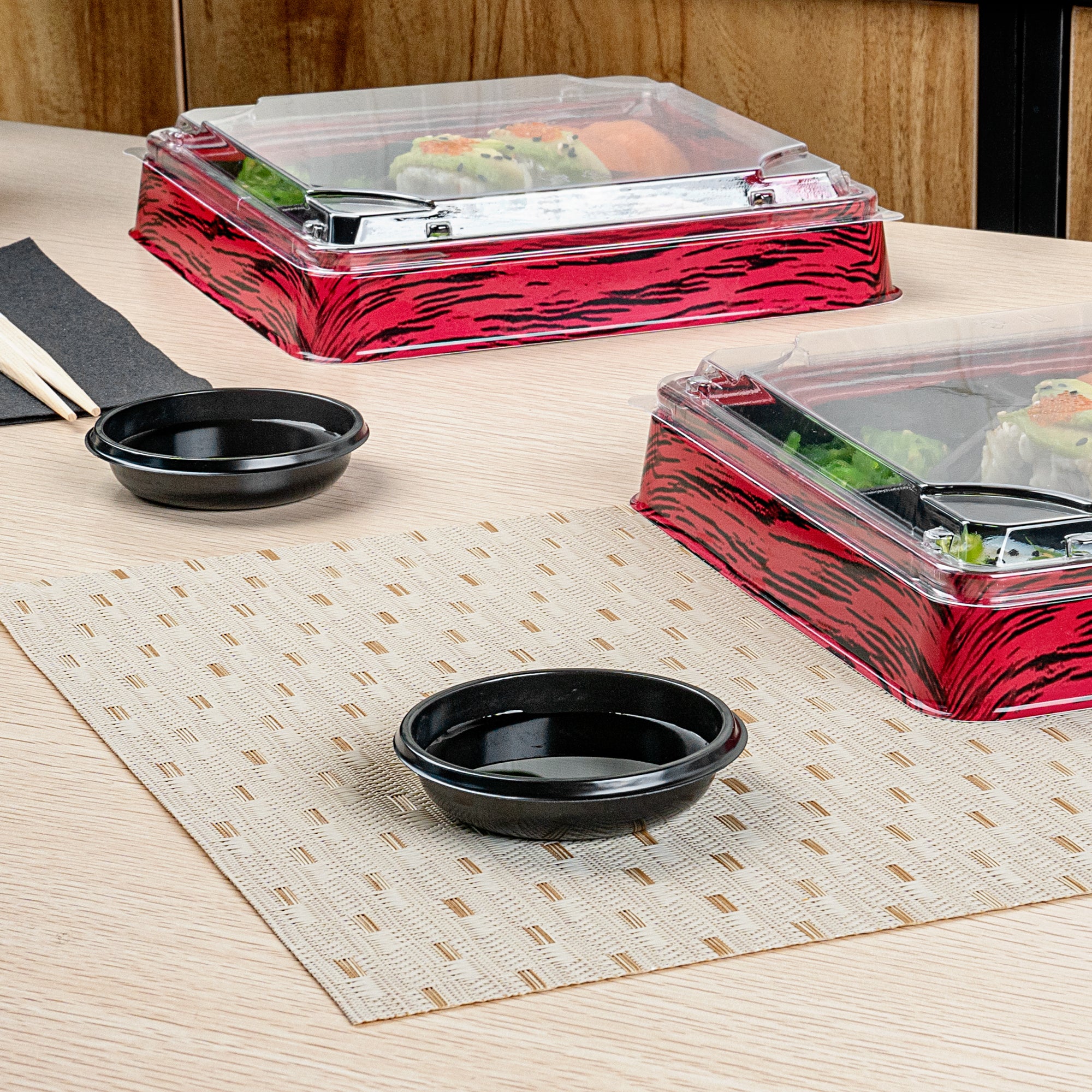 Bento Tek 2 oz Round Black Plastic Sauce Containers - 3 x 3 x 0.75 Inches - Pack of 100 - Perfect for Restaurants, Takeout, Meal Prep & Sushi Dipping Sauces