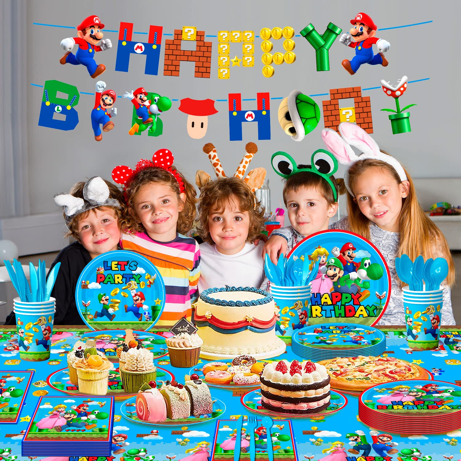Super Mario Party Supplies 114pcs - Mario Themed Plates, Cups, Napkins, Tablecloth & Birthday Banner - Complete Kids Party Tableware Set for Super Mario Birthday Party Decorations - Perfect for Themed Birthday Parties, Game Nights & Family Gatherings