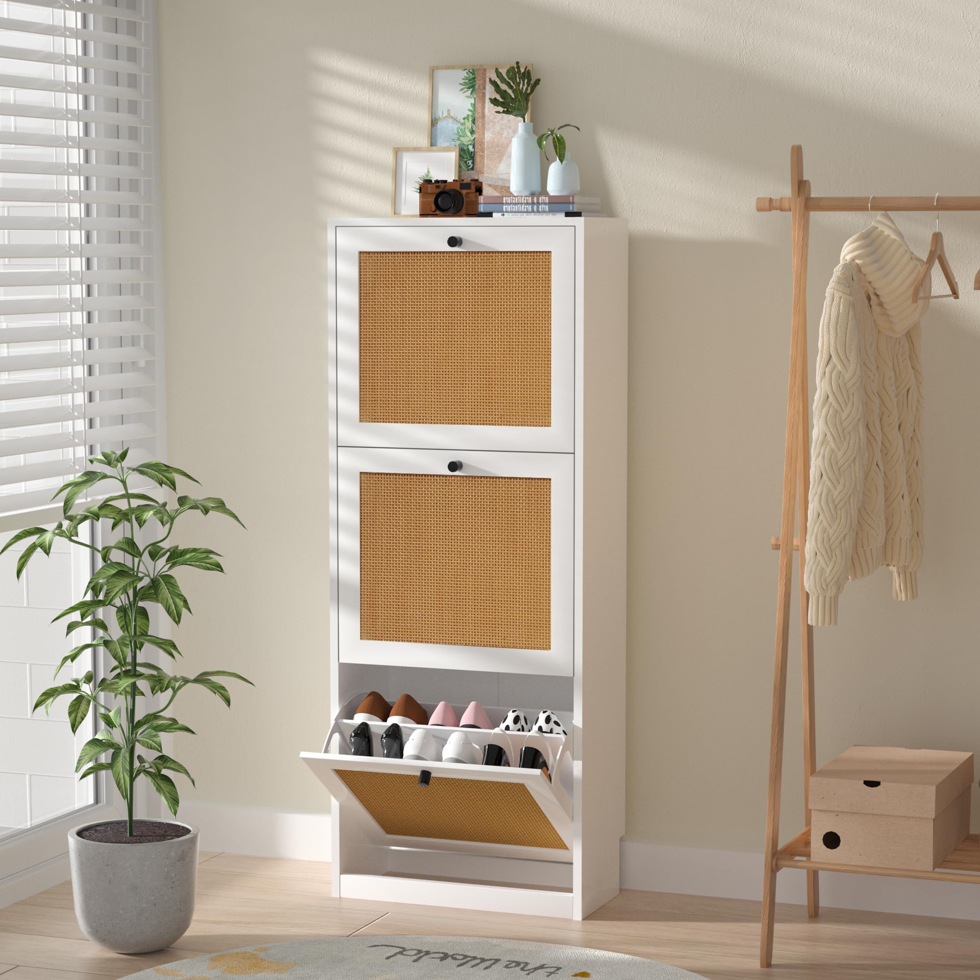 Anmytek 3-Tier Rattan Shoe Storage Cabinet with Flip Drawers - White Entryway Organizer for Hallway, Living Room & Bedroom | Wooden Shoe Rack with 3 Compartments | Perfect for Small Spaces & Home Decor (Model S0003)
