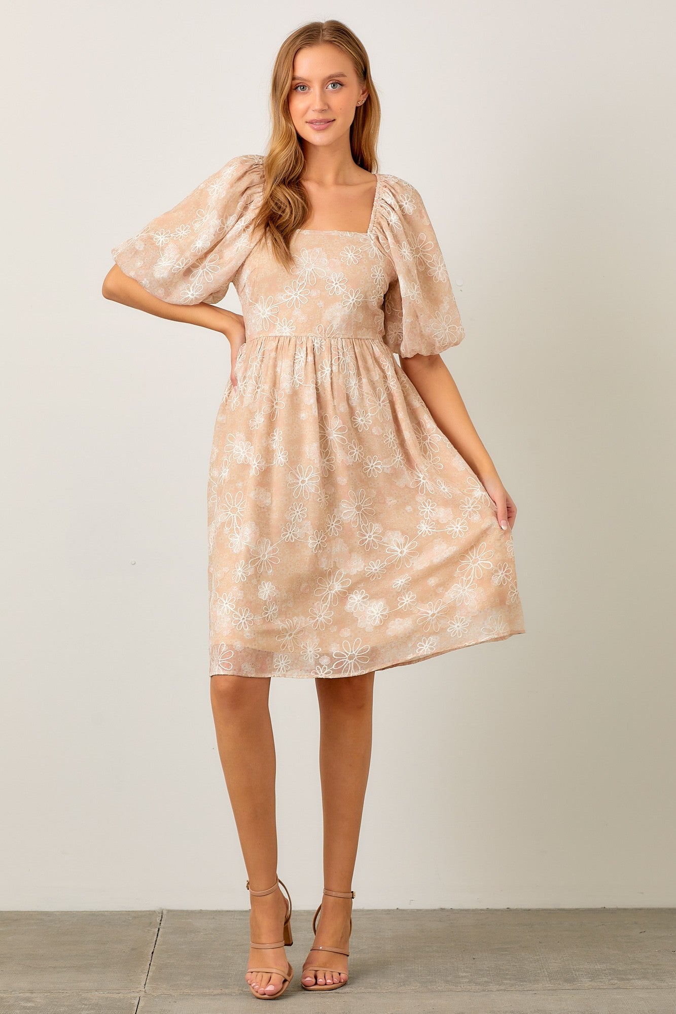 Beige Floral Embroidered Short Puff Sleeve Maternity Dress for Pregnancy Photos, Baby Showers & Summer Outfits - Comfortable Stretchy Nursing Dress for Expecting Mothers