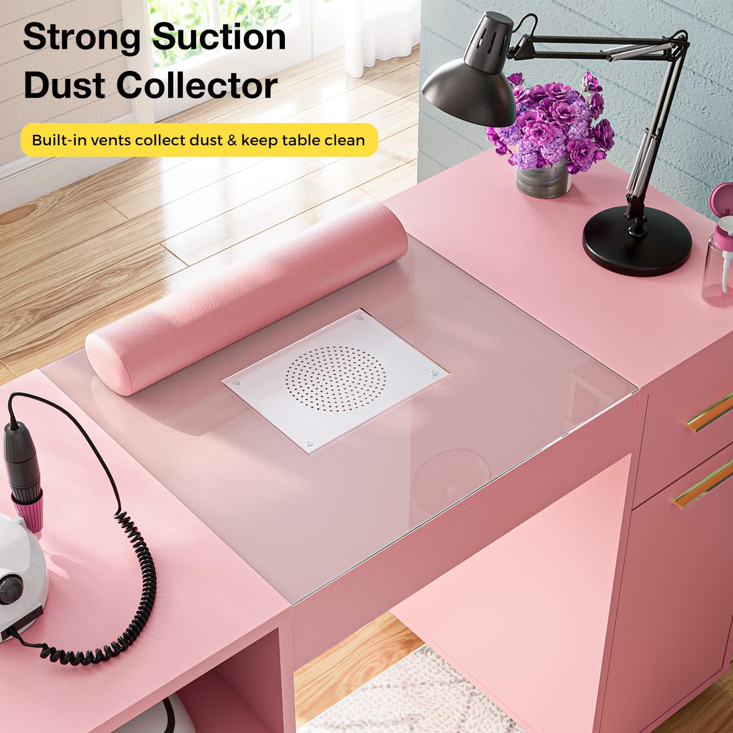 Professional Manicure Table with Glass Top & Wrist Rest - Acetone Resistant Nail Tech Station with 4 Dust Bags & Storage Drawers - Pink Beauty Salon Workstation for Nail Artists & Home Use