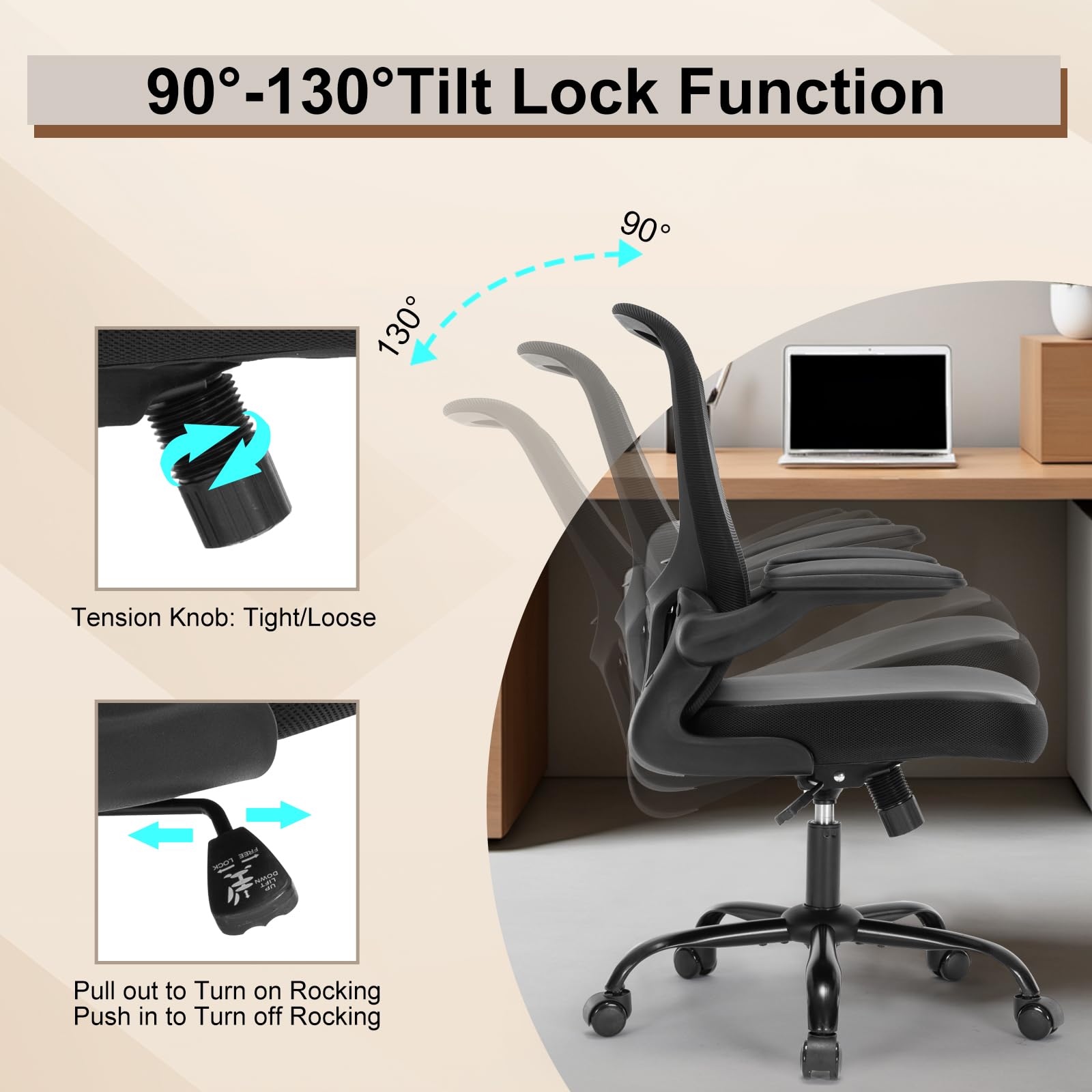 Ergonomic Office Chair with PU Leather Cushion, Adjustable Lumbar Support & Flip-Up Arms - Comfortable Computer Desk Chair for Home Office, Gaming & Workspace