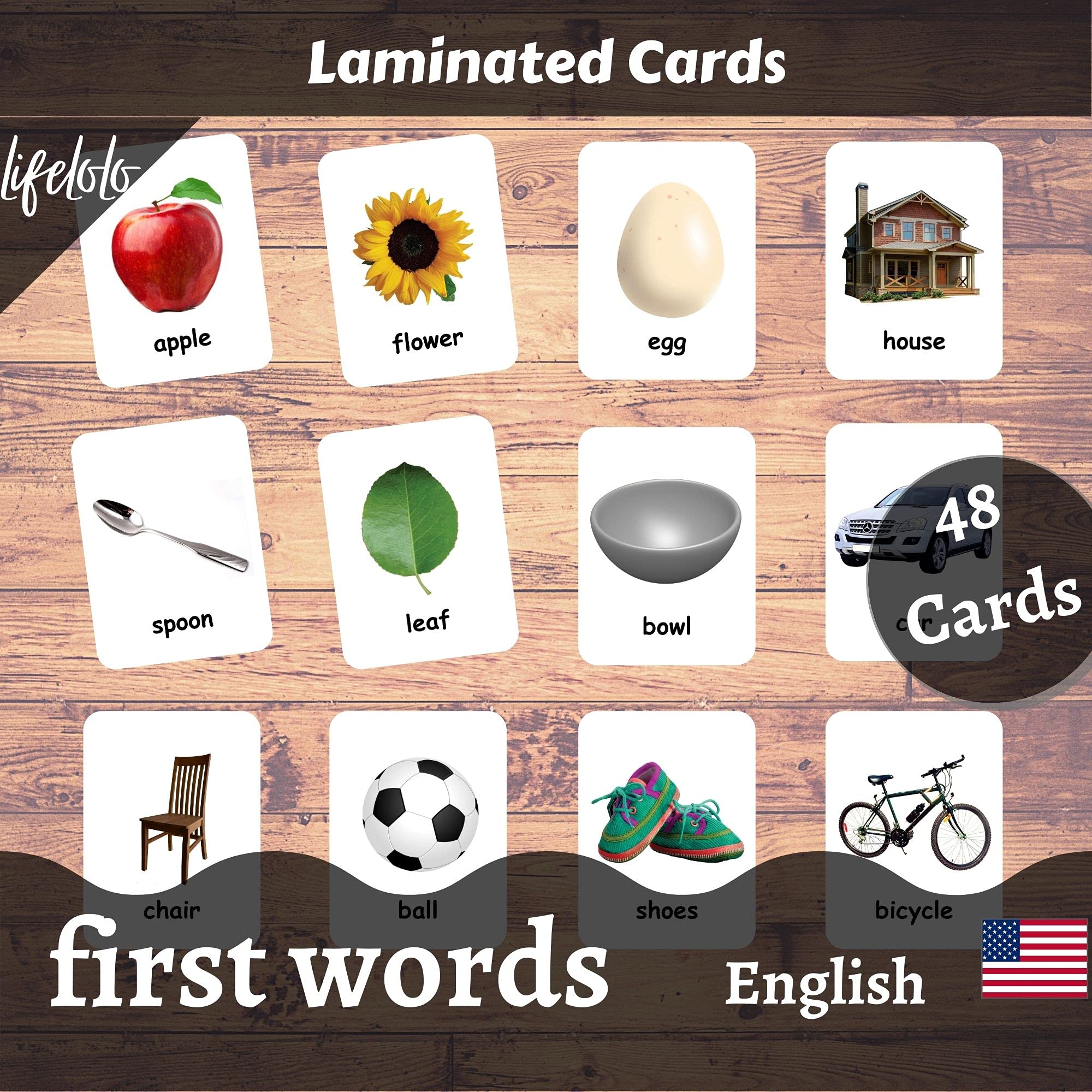 First Words Flash Cards for Babies - 48 Early Learning Flash Cards | English Bilingual Educational Toys | Homeschool & Preschool Learning Tool | Perfect for Toddler Language Development & Memory Games