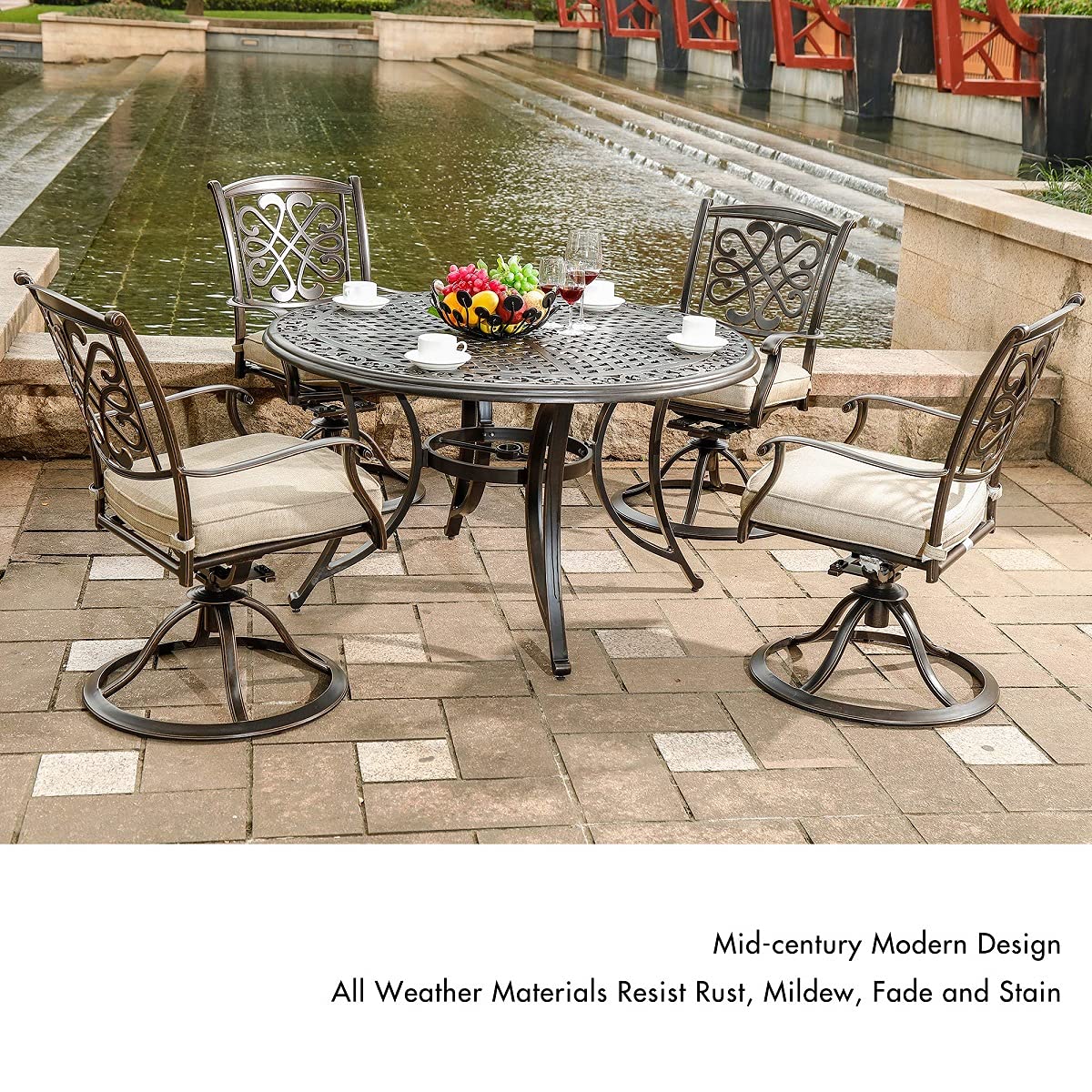DALI 5-Piece Outdoor Dining Set - Aluminum Patio Furniture with Deep Cushioned Swivel Rocker Chairs & 48-Inch Round Casting Table | Perfect for Backyard, Garden, Poolside & Outdoor Entertaining