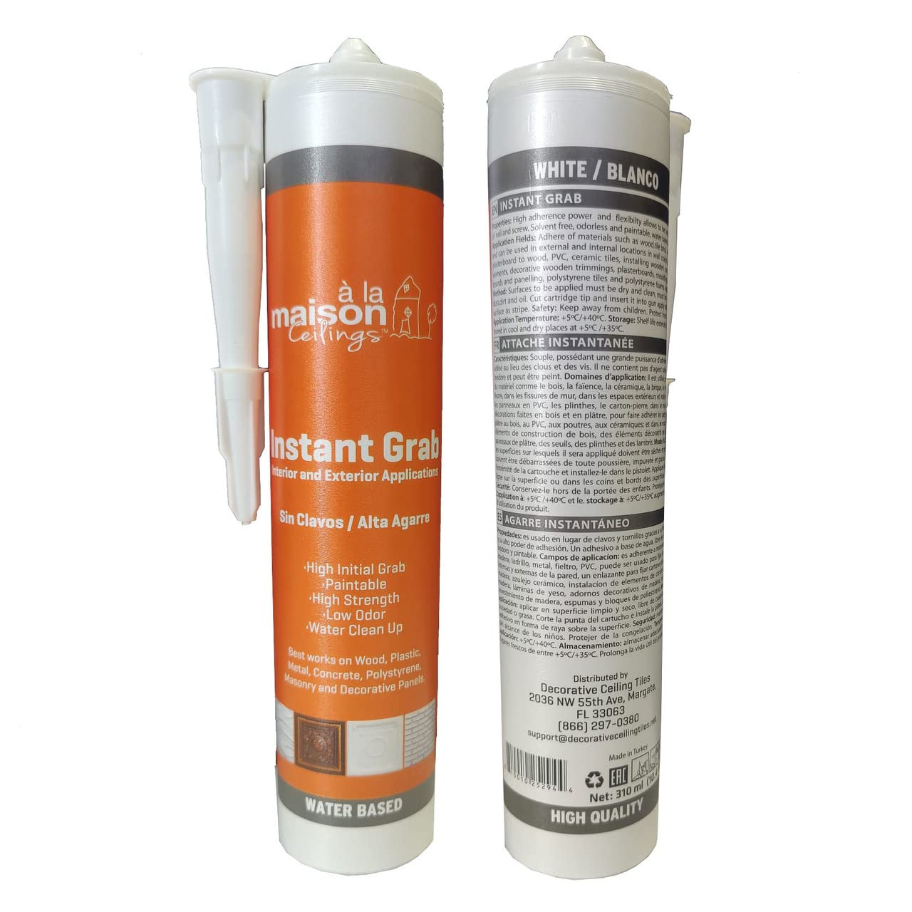 A la Maison Instant Grab High-Strength Adhesive - Water-Resistant Glue for Ceiling Tiles, Wall Panels & Crown Molding - Quick-Bond Formula for Indoor/Outdoor Use (24-Pack) - Perfect for Home Renovation and DIY Projects