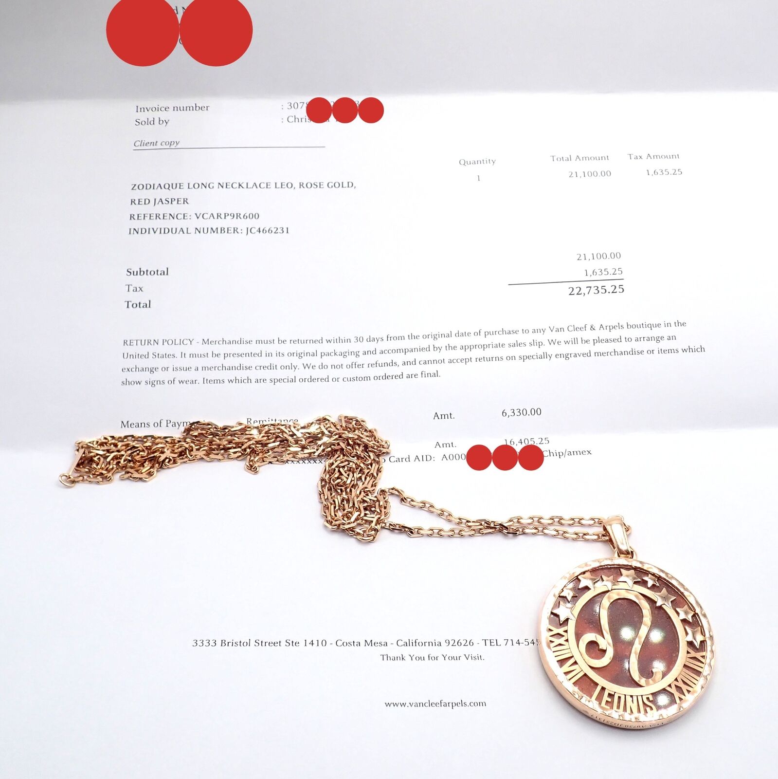 Van Cleef & Arpels 18K Rose Gold Leo Zodiac Pendant Necklace with Red Jasper - Authentic with Certificate - Perfect for Birthdays, Anniversaries & Luxury Gifts