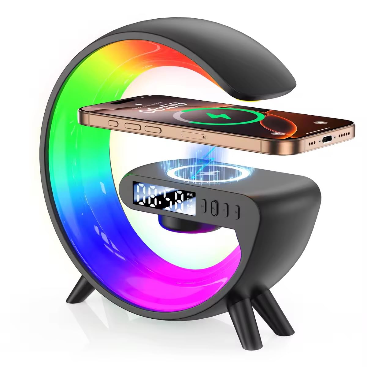 Smart LED Table Lamp with Sunrise Alarm Clock, Wireless Charger & Bluetooth Speaker - 4-in-1 Multifunctional Night Light for Bedroom, Office & Study Room (Black) | Perfect for Reading, Relaxation & Wake-up Light Therapy