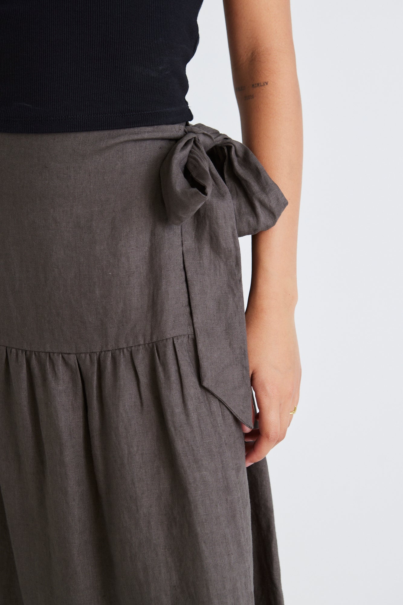 Stylish Dark Olive Linen Wrap Maxi Skirt - Boho Tiered Midi Skirt for Women - Perfect for Summer Outfits, Beach Vacations & Casual Wear