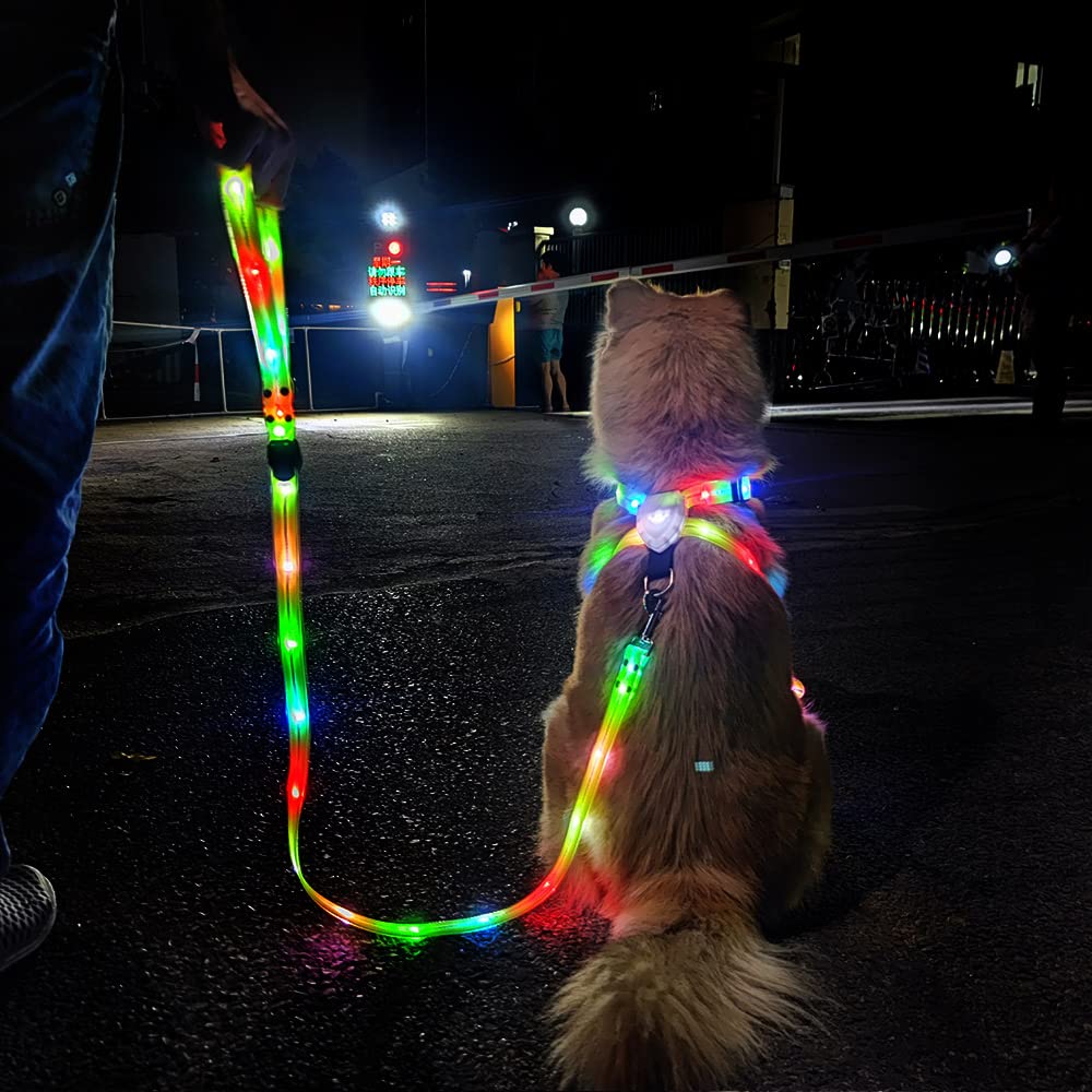 USB Rechargeable LED Dog Leash & Light Up Harness - Waterproof Multicolor Safety Gear for Night Walking | Perfect for Evening Jogs, Dog Park Visits & Low-Light Conditions