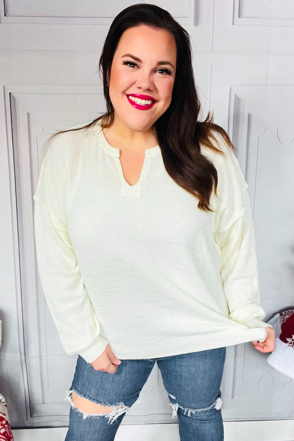 Ivory Oversized Notched Neck Patch Sweater for Women - Cozy Winter Pullover for Casual Outings & Layering