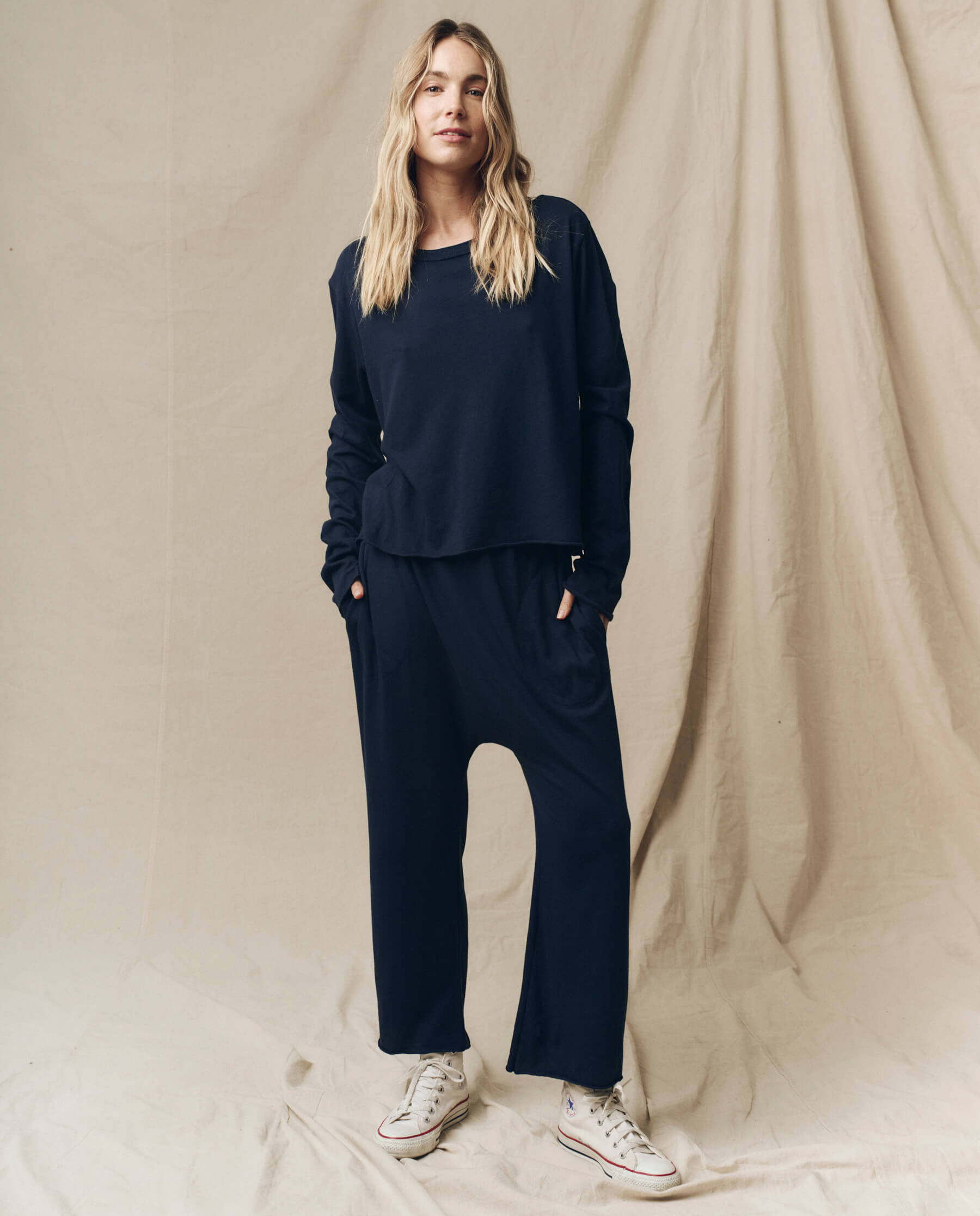True Navy Long Sleeve Crop Top for Women - Trendy Casual Shirt for Layering, Streetwear & Everyday Outfits