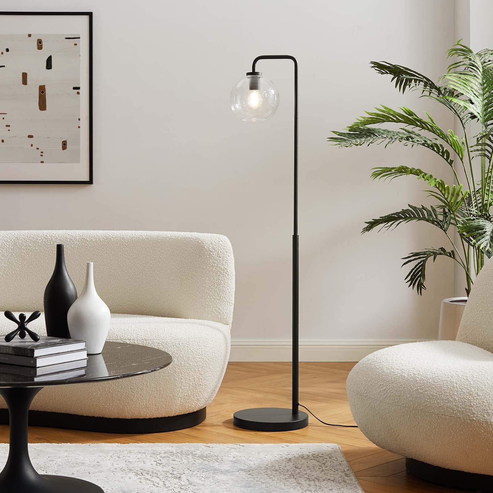 Modway Silo Black Glass Globe Floor Lamp with Metal Base - Modern Lighting for Living Room, Bedroom & Office Decor