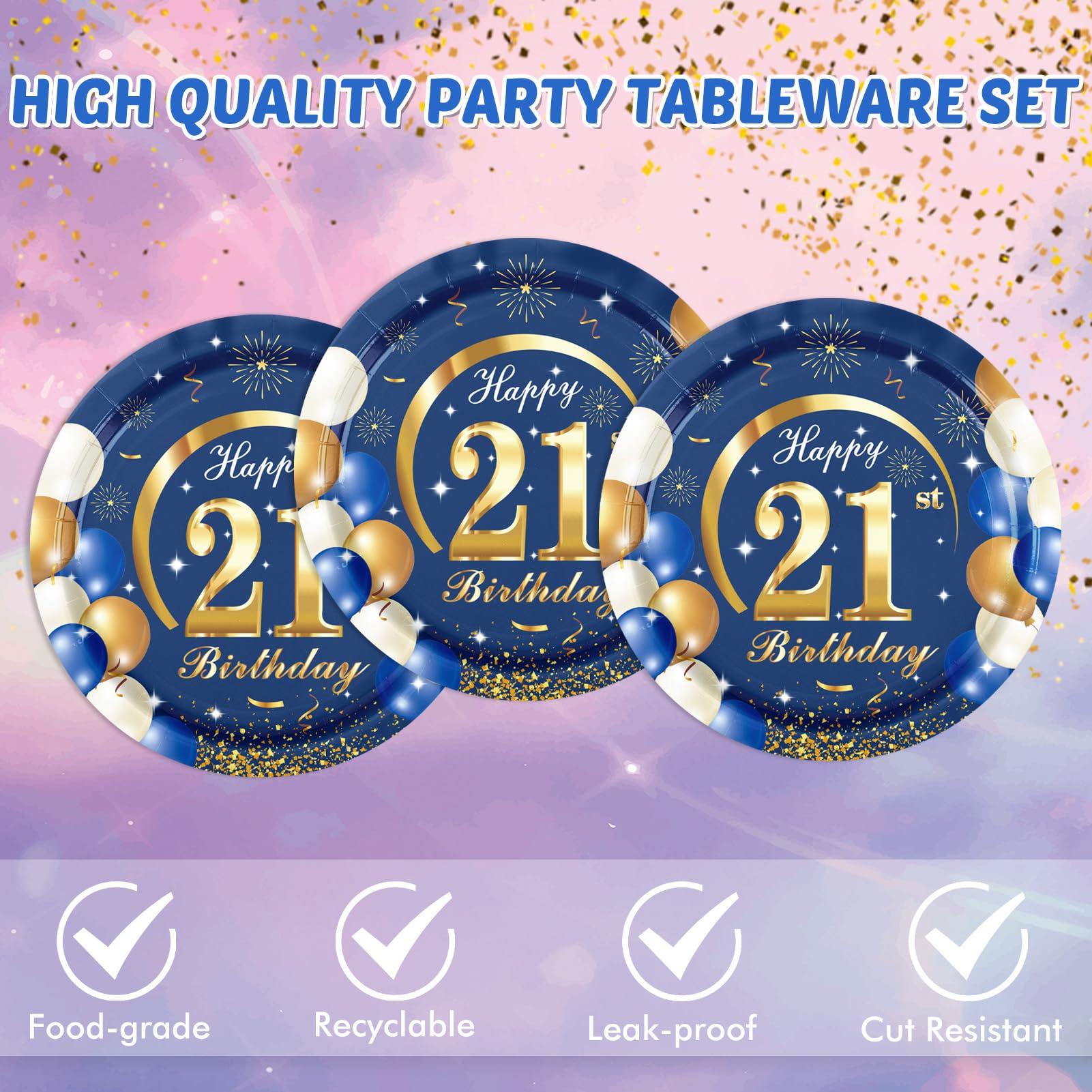 **21st Birthday Party Supplies - Navy Blue & Gold Decorations Set (Plates, Napkins, Banners) for Men, Women, Boys & Girls - Perfect for 21st Birthday Celebrations, Milestone Parties & Adult Themed Events**