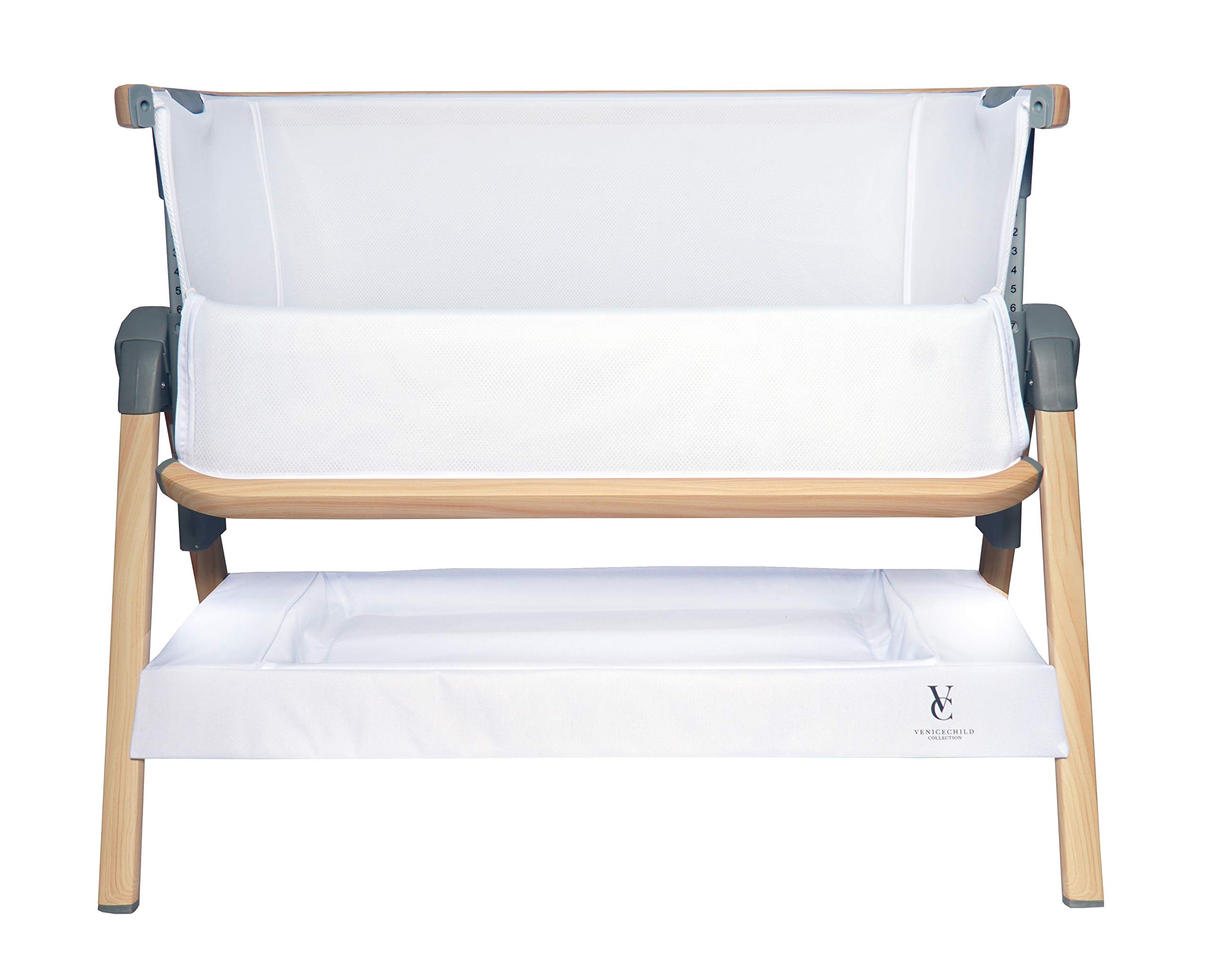 Venice Child California Dreaming Bedside Crib Bassinet with Travel Case - Adjustable Height, Removable Bamboo Mattress & Sheet, Easy to Clean (White) | Perfect for Nursery, Co-Sleeping & Travel