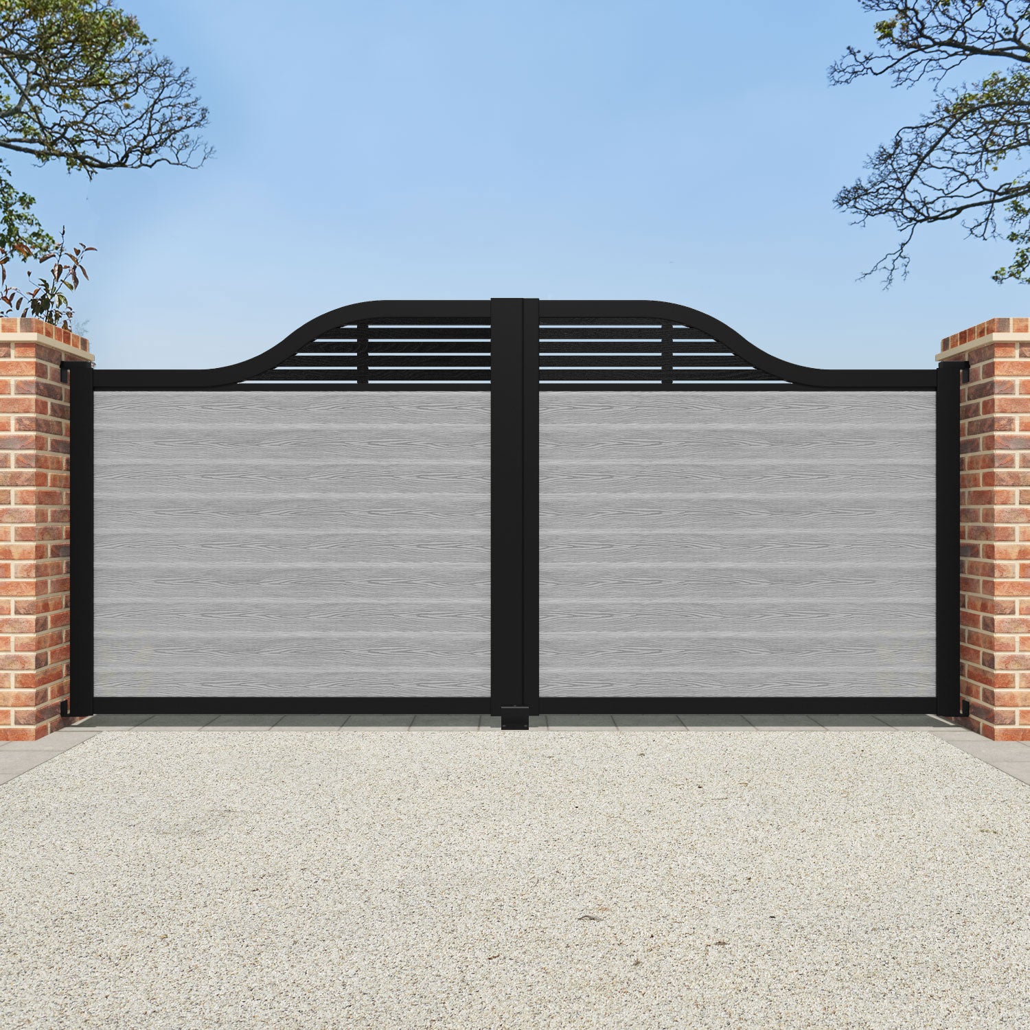 Classic Aspen Curved Top Driveway Gate - Light Grey Powder Coated Steel with Decorative Top Screen | Perfect for Residential Driveways, Garden Entrances & Property Security