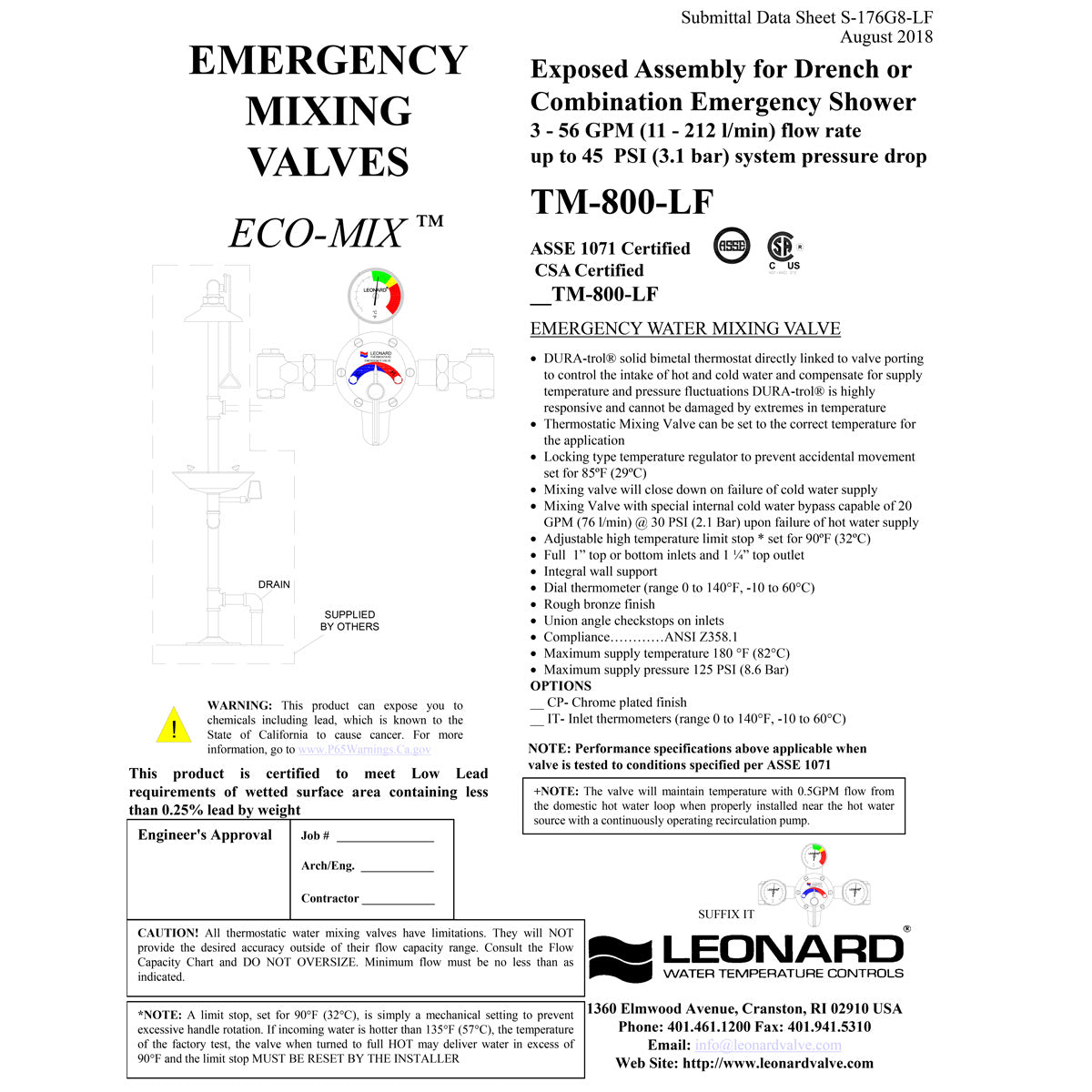 Leonard LF Thermostatic Mixing Valve for Emergency Showers - 20 GPM Flow Rate (TM 800 LF) - Single/Multiple Drench & Combination Use - Ideal for Laboratories, Industrial Plants & Chemical Workplaces