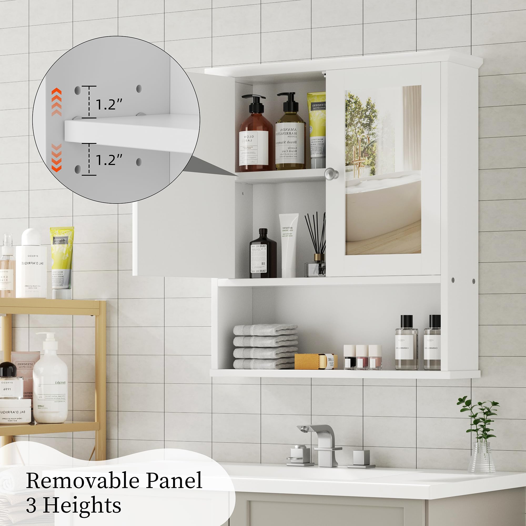 Shintenchi White Wooden Bathroom Medicine Cabinet with Mirror & Adjustable Shelves - Wall Mounted Storage Cupboard for Bathroom, Bedroom & Living Room Organization