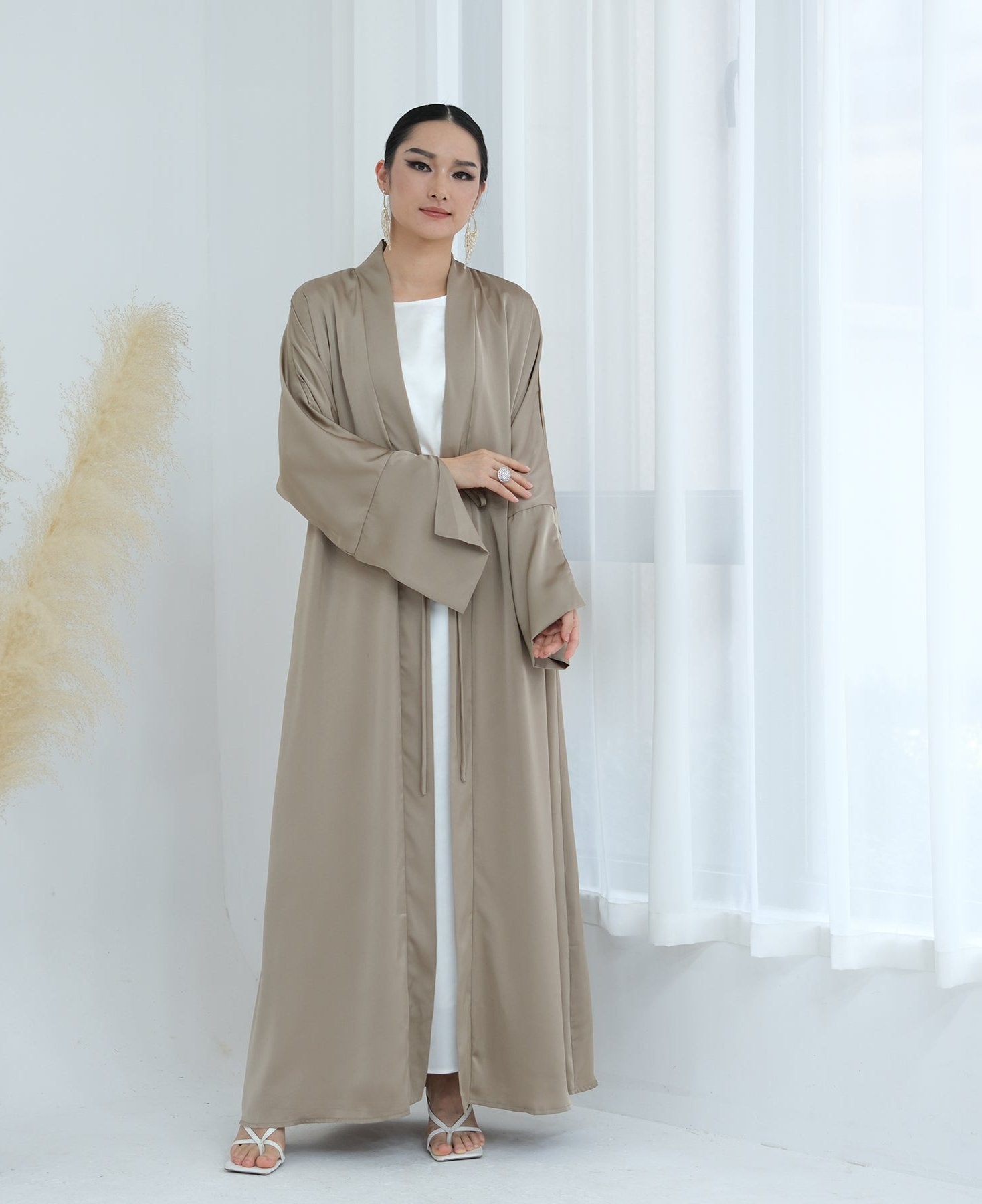 Lavinia Satin Open Abaya Champagne - Elegant Muslim Prayer Dress for Women | Perfect for Eid, Ramadan & Special Occasions