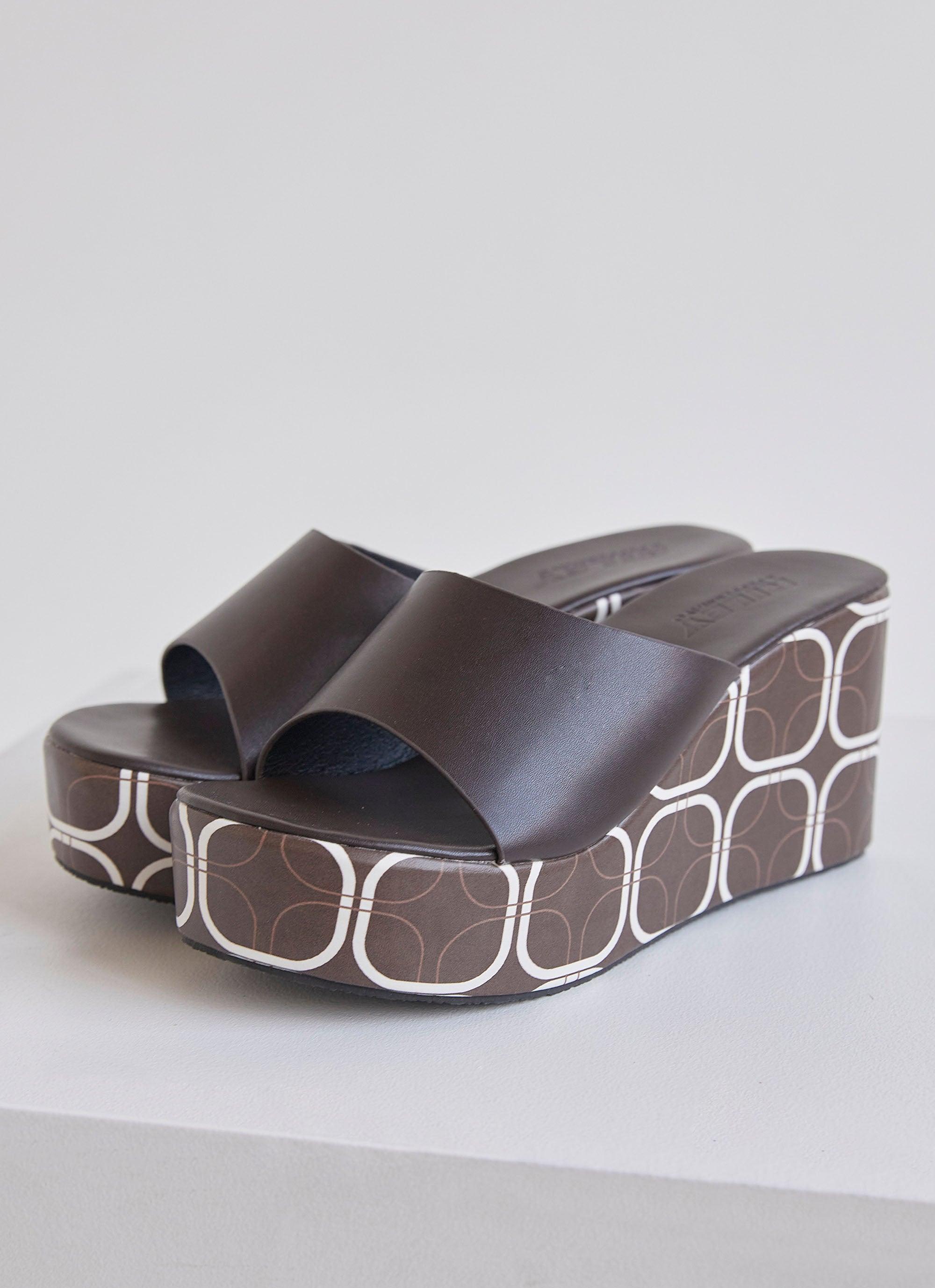 Vintage Chocolate Geometric Print Mule Heels - Comfortable Slip-On Shoes for Women | Perfect for Casual Outfits, Office Wear & Date Nights