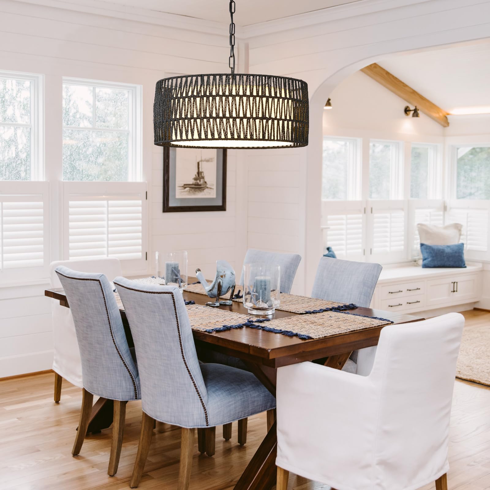 Farmhouse Rattan Chandelier Light Fixture - Black Boho Pendant Light with Hand Woven Wicker & Fabric Shade - Coastal Dining Room, Kitchen, Bedroom, Island & Hallway Lighting - Perfect for Rustic, Bohemian & Coastal Home Decor