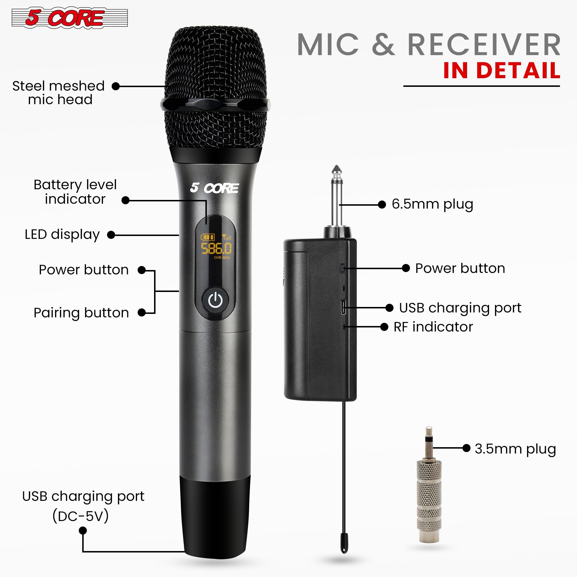 5-Core UHF Wireless Microphone System - 210ft Range, Dual Cardioid Handheld Mics with Mini Receiver | Rechargeable Cordless Karaoke Mic for Singing, Parties & Live Performances (WM UHF 02, Gray)