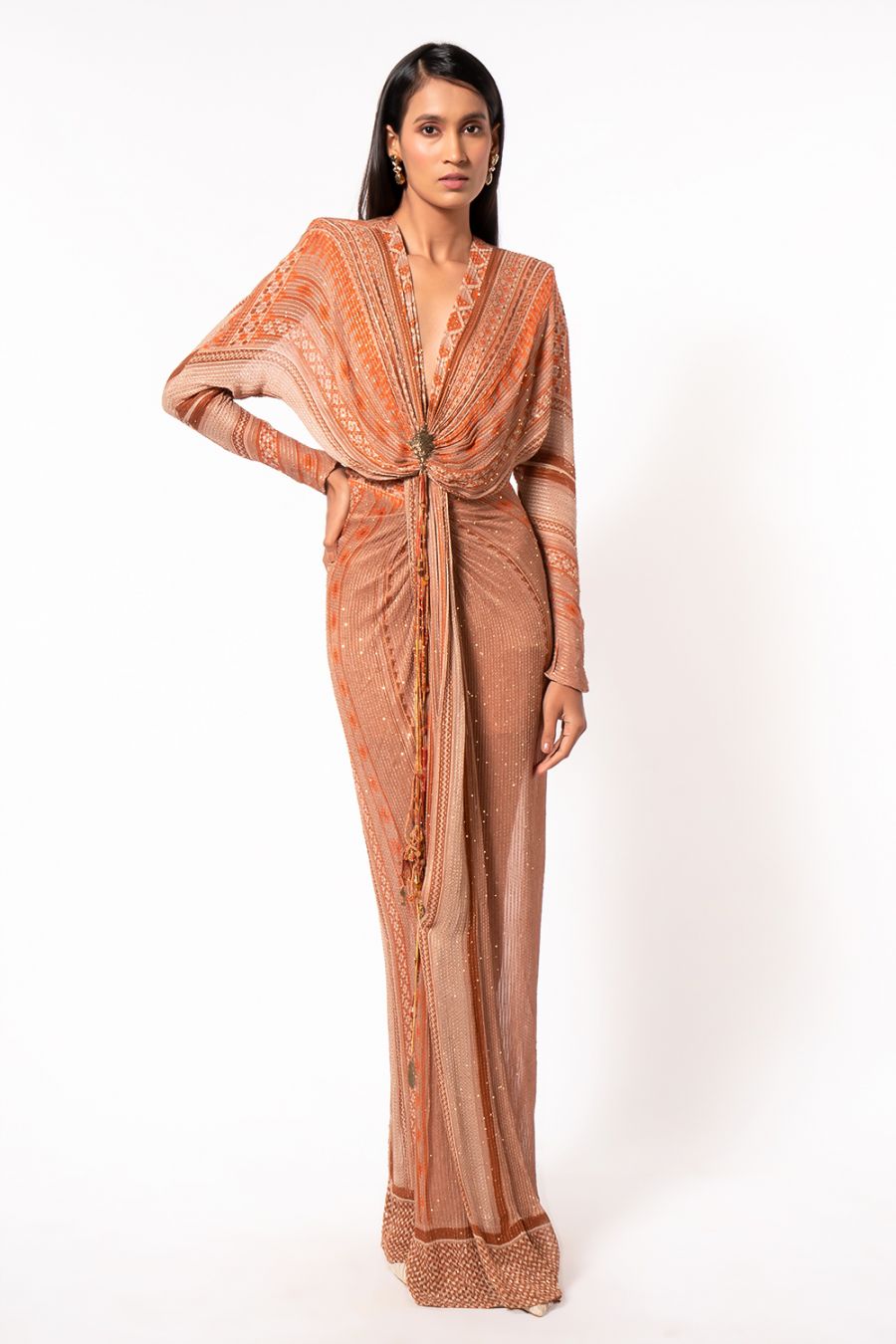 Elegant Dark Beige Floral Print Draped Maxi Dress for Women - Perfect for Beach Vacations, Summer Parties & Date Nights
