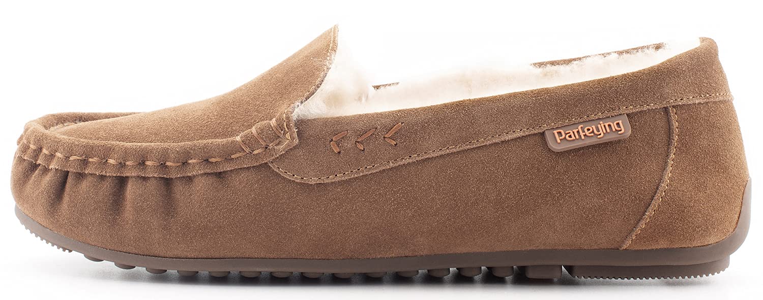 Parfeying Women's Sheepskin Moccasin Slippers - Soft Cow Suede Memory Foam Loafers for Driving & Indoor Comfort - Cozy House Shoes for Relaxing at Home