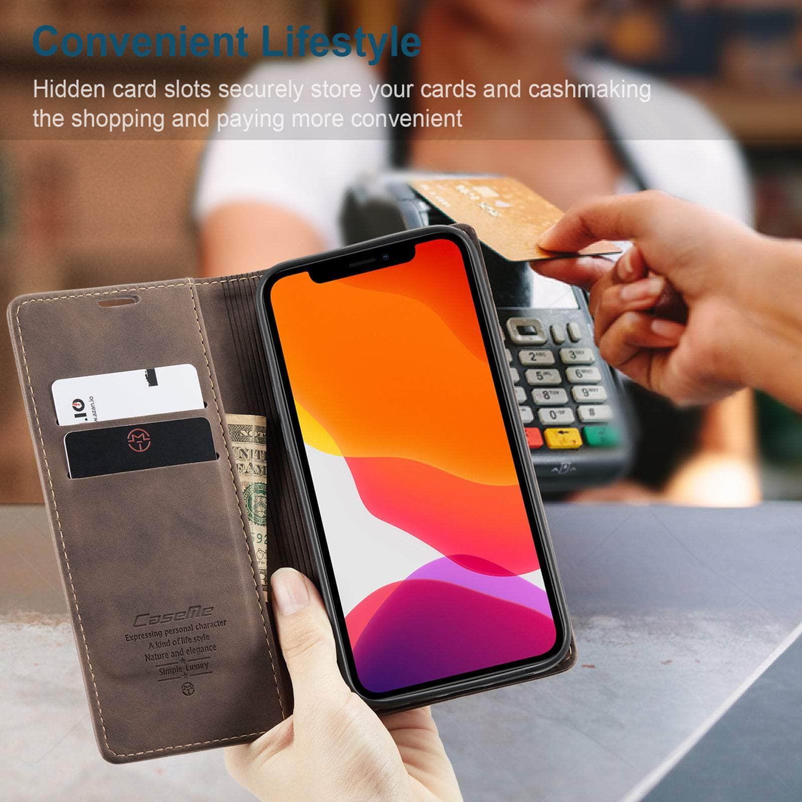 CaseMe iPhone 14 Retro Magnetic Card Leather Wallet - Slim Protective Phone Case with RFID Blocking for Credit Cards & ID - Perfect for Travel, Work & Everyday Use