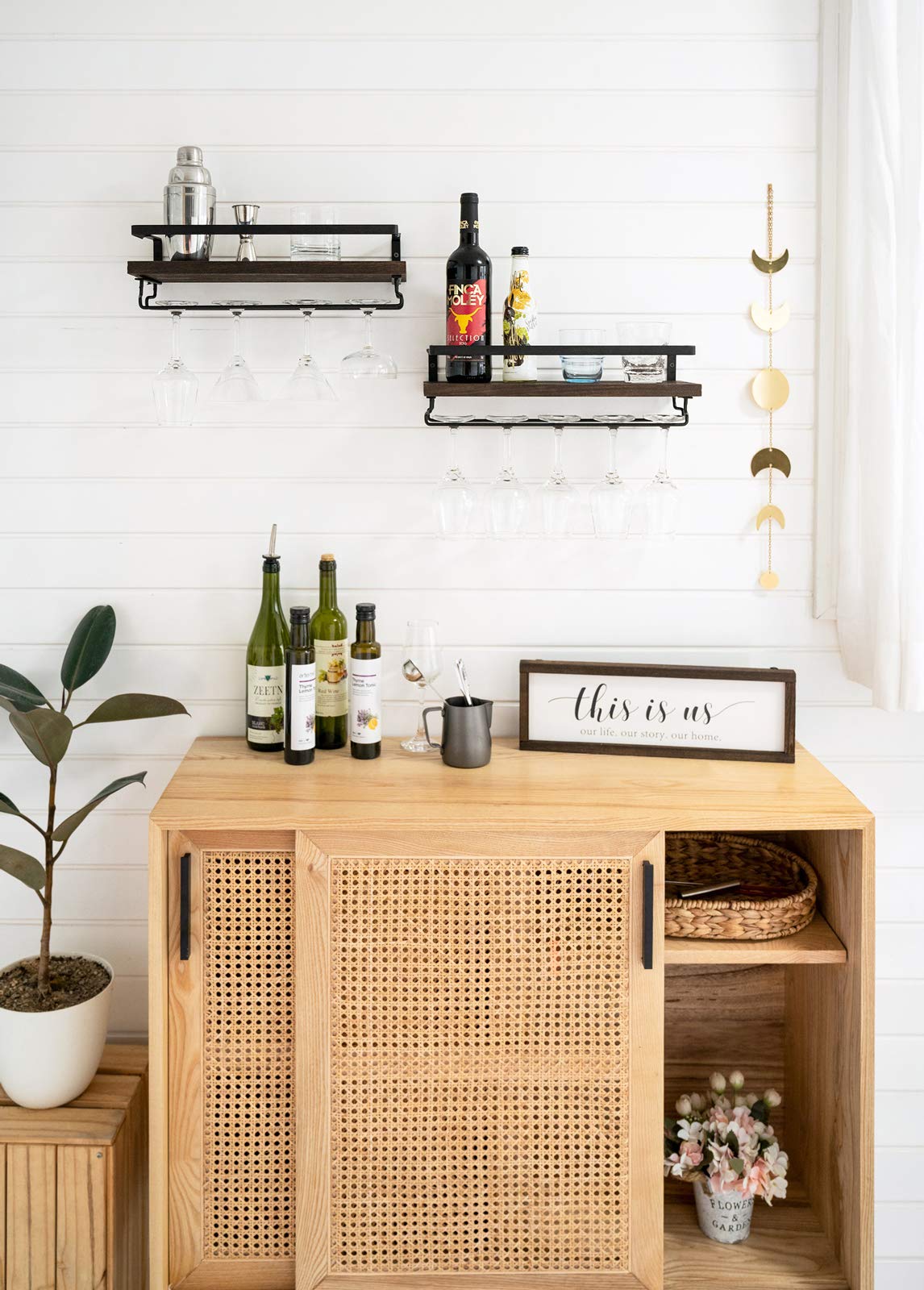 Modern Wooden Wall Mounted Wine Rack Set of 2 - Rustic Floating Shelves with Stemware Hanger for Wine Bottles & Glasses - Kitchen, Dining Room & Bar Decor (17 Inch) - Perfect for Home Entertaining & Wine Storage
