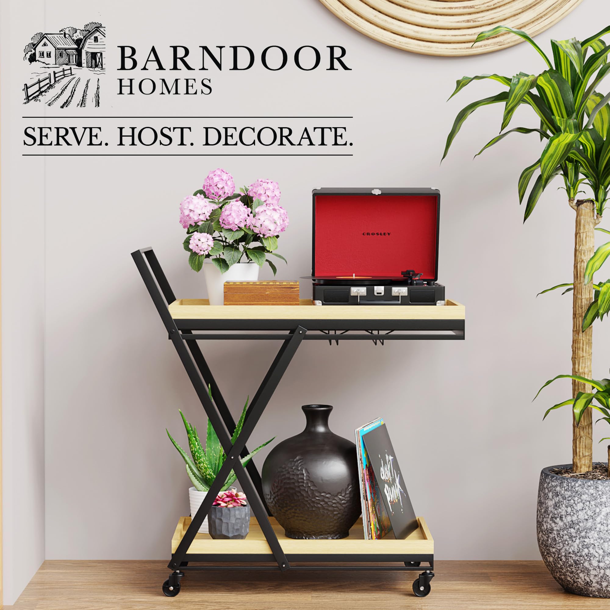 Bar Cart with Wheels - Rolling Kitchen Coffee Service, Wooden Trays, Portable Liquor & Beverage Storage, Mobile Snack & Drink Station - Perfect for Home Entertaining, Parties & Kitchen Organization