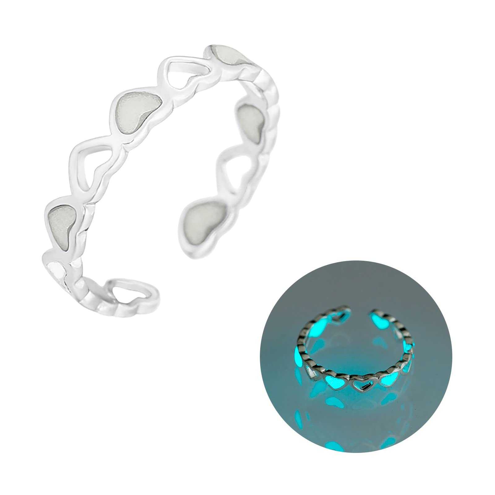 Adjustable Heart Ring for Women - Silver Fluorescent Jewelry for Parties & Gifts