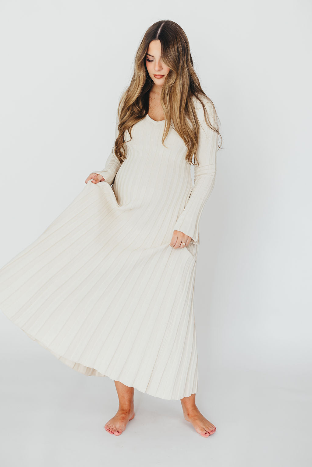 Hadley Long Sleeve V Neck Knit Maxi Dress in Cream Taupe - Elegant Women's Casual Maxi Dress for Fall & Winter, Perfect for Office, Date Night and Holiday Parties