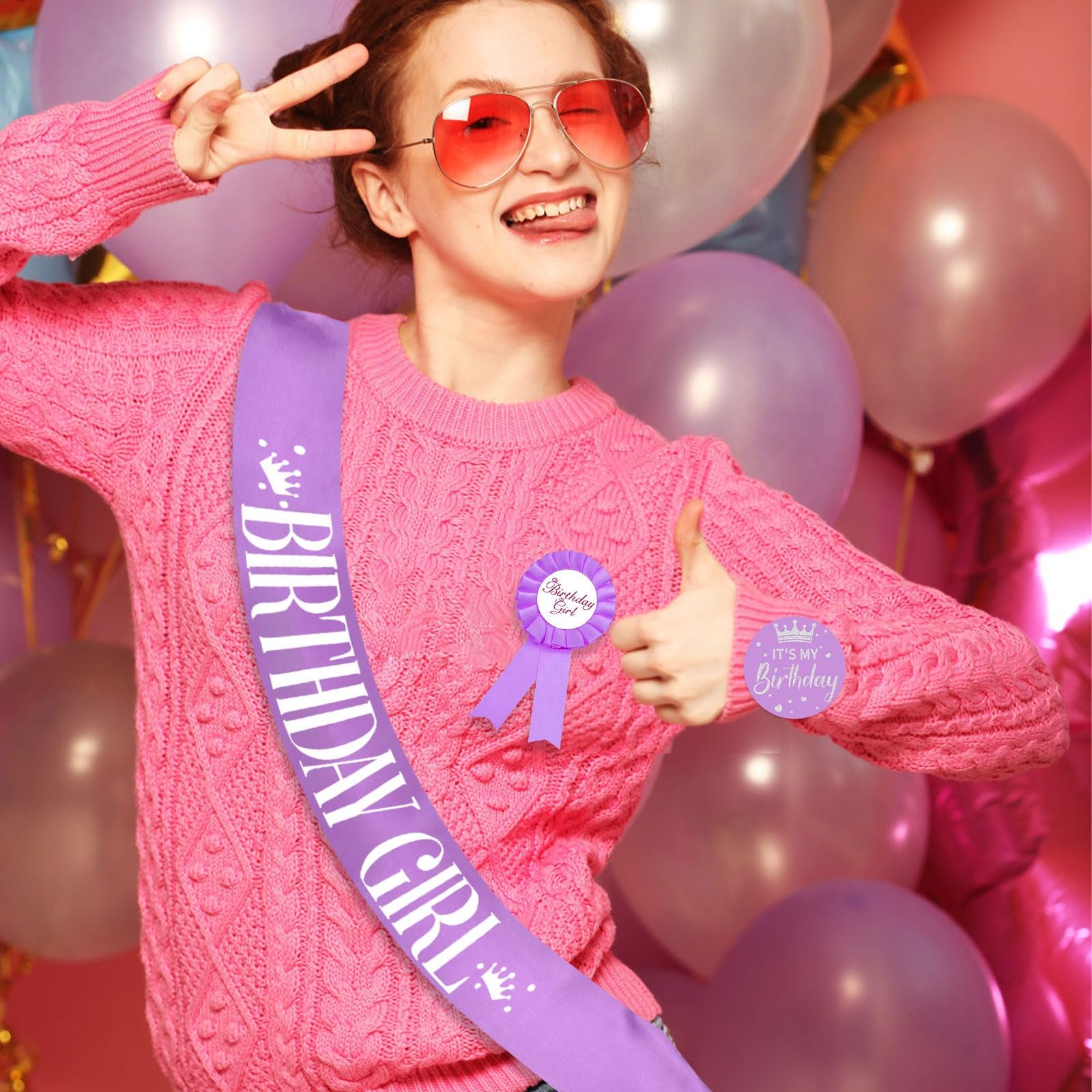Purple Birthday Sash and Pin Button Set (3 Pieces) - Elegant Birthday Decorations for Women & Girls - Perfect for Birthday Parties, Quinceañeras, Bachelorette Celebrations and Special Occasions