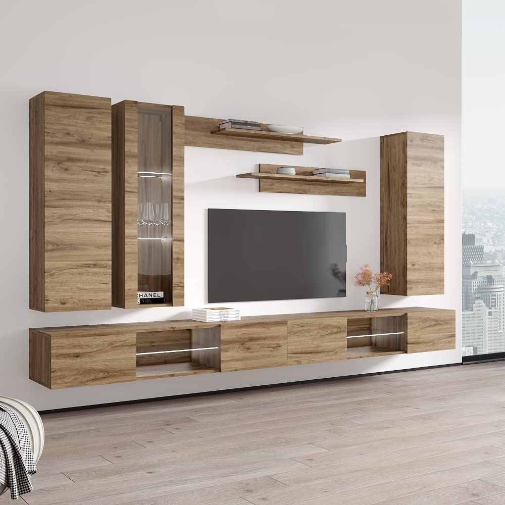 Modern Oak Wall-Mounted TV Stand with Storage Shelves & LED Lights - Floating Entertainment Center Console for Living Room & Bedroom - Space-Saving Furniture for Small Apartments & Home Theater Setup