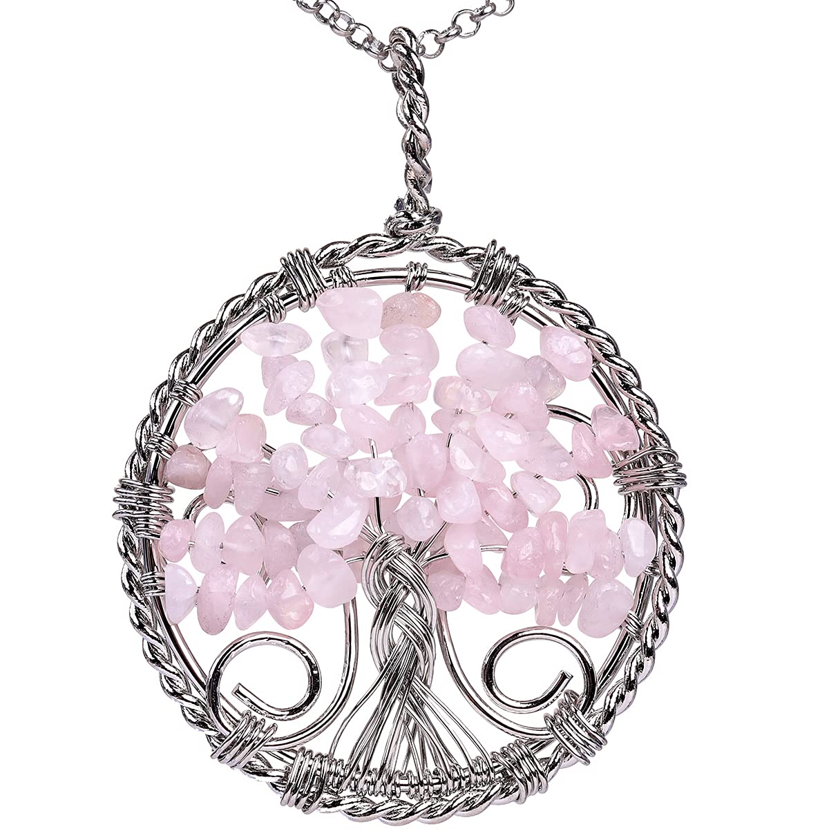 GEM-inside Natural Tree of Life Necklace - Handmade Healing Stone Jewelry with Rose Quartz Chips for Women, 24