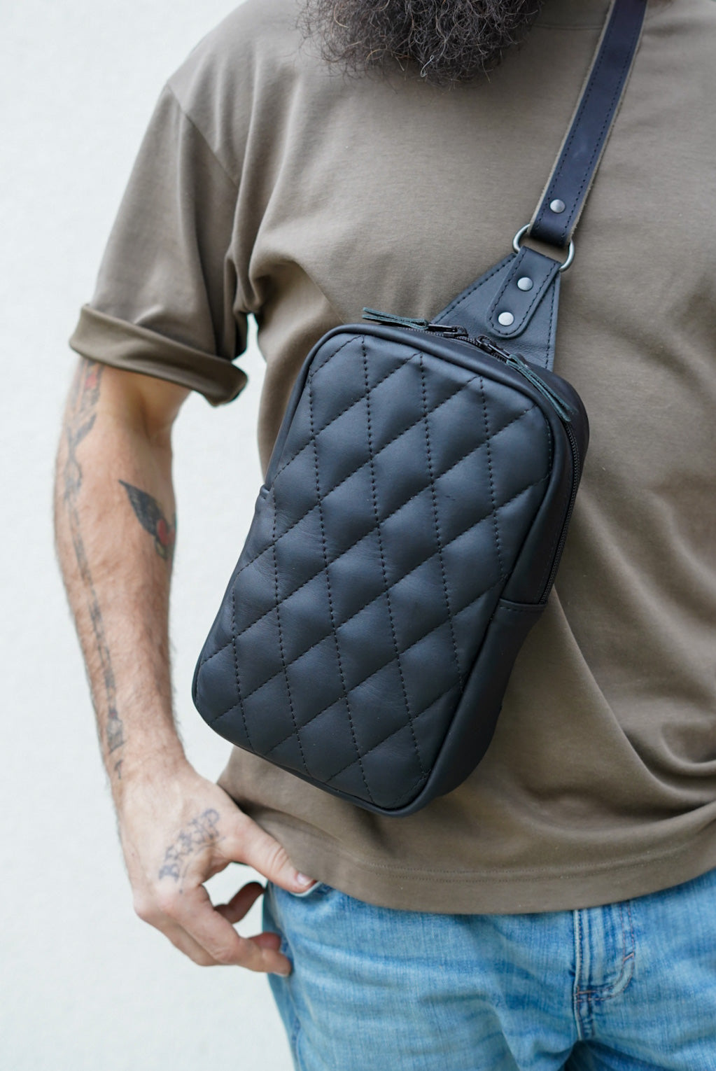Diamond Stitch Sling Bag - Flat Black Crossbody Bag for Men & Women | Perfect for Travel, Gym & Everyday Use