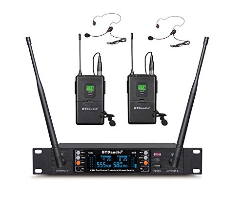 GTD Audio 2x100 Channel UHF Wireless Microphone System with Headset & Lavalier Mic - 400ft Range for DJ, Karaoke, Live Performances, Church Services & Public Speaking