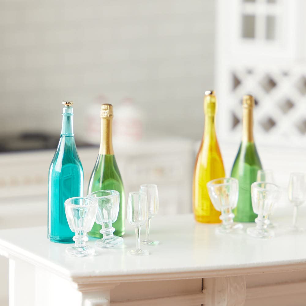 Miniature Wine & Champagne Bottles with Glasses - Dollhouse Accessories for DIY Crafts, Mini Bars & Home Decor