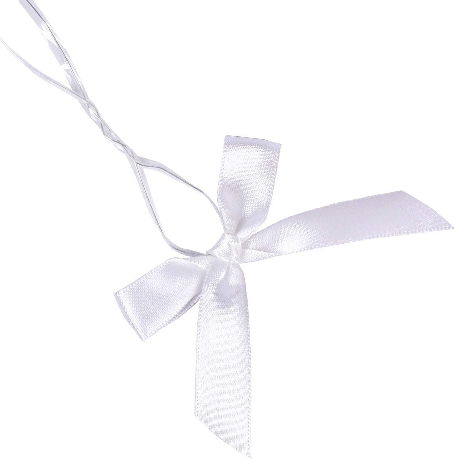 100 Pack White Pre-Tied Satin Twist Tie Bows for Christmas Treat Bags, Candy & Apple Packaging, DIY Decorations - Perfect for Holiday Gifts, Party Favors & Craft Projects