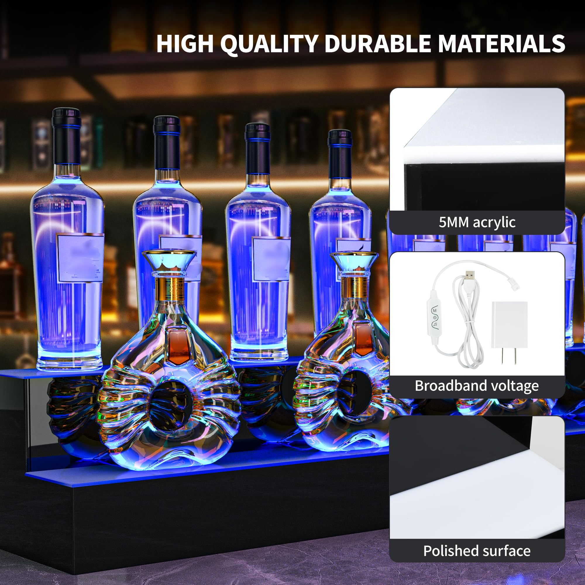 YITAHOME 60-inch 2-Step LED Lighted Liquor Bottle Display Shelf - Acrylic Mounted Whiskey Rack Stand with Remote & App Control - Perfect for Home Bar, Counter Party, and Restaurant Display