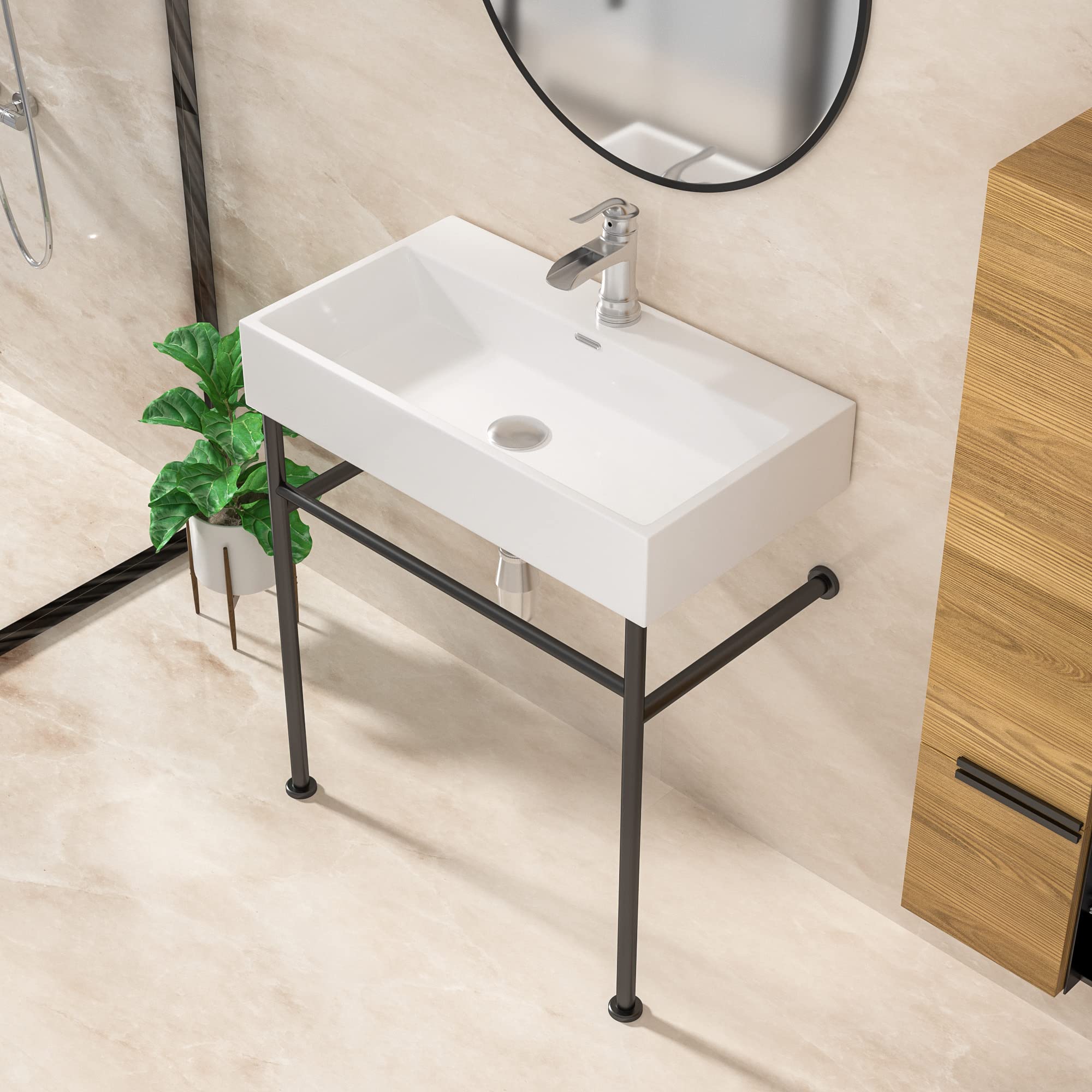 Lordear 30 Inch White Ceramic Freestanding Console Sink with Legs - Pedestal Bathroom Vanity Sink with Tower Bar Overflow for Modern & Farmhouse Bathrooms