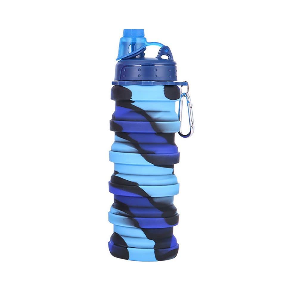 Houchu Collapsible Silicone Water Bottle with Carabiner - Leakproof, Portable, BPA-Free (Camouflage Blue) - Perfect for Hiking, Travel, Gym & Outdoor Activities