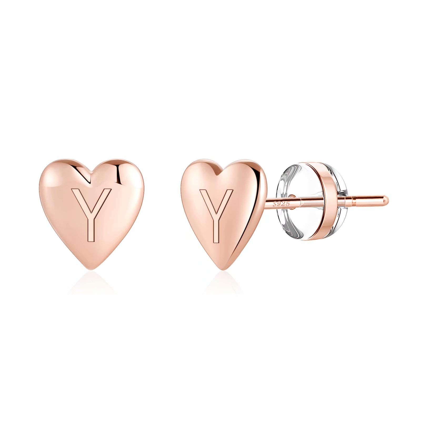Heart Initial Stud Earrings for Women & Girls - 925 Sterling Silver 14K Gold Plated Hypoallergenic Dainty Letter Earrings - Perfect for Sensitive Ears, Everyday Wear, Gifts & Special Occasions