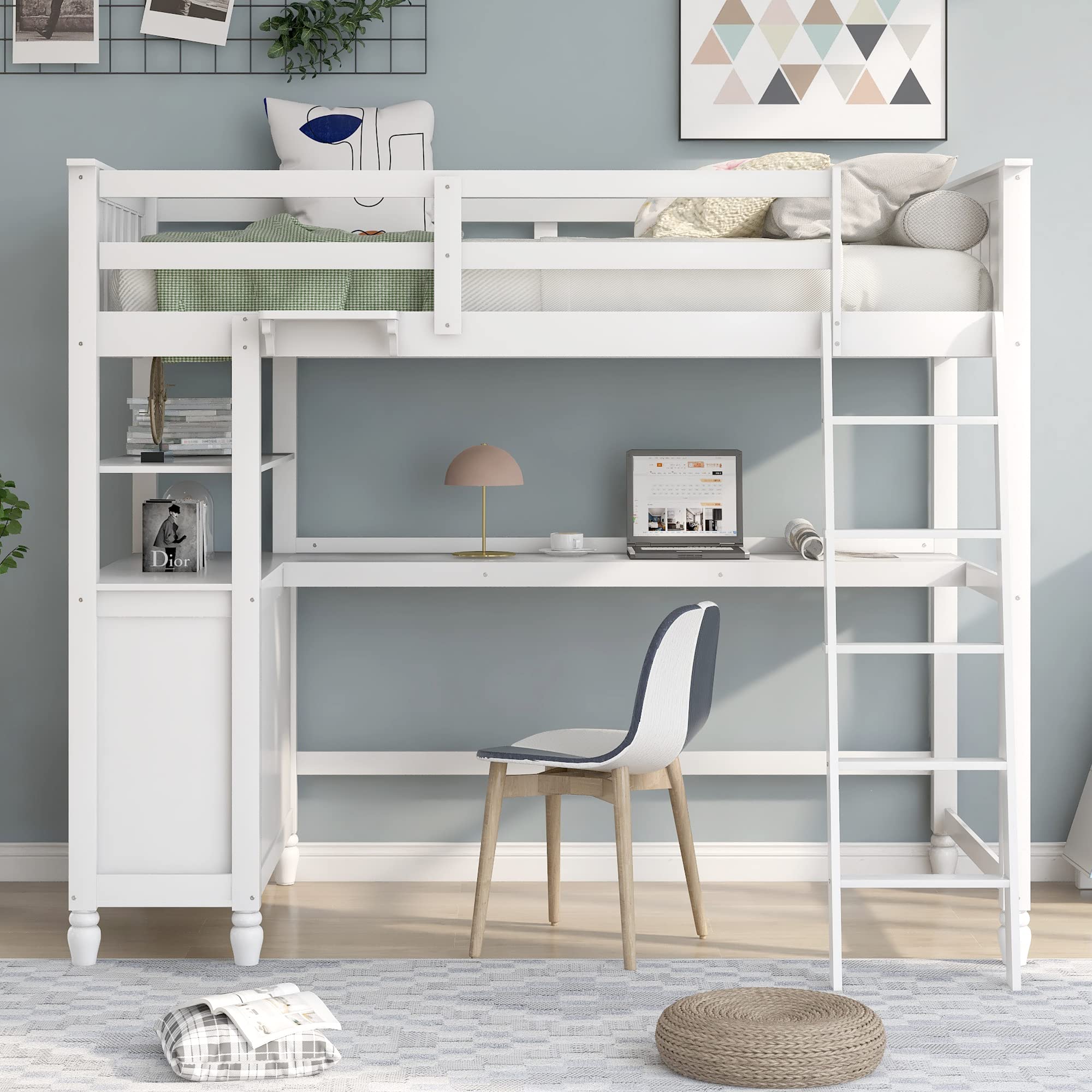White Twin Loft Bed with Desk & Drawers for Kids, Teens & Adults - Space-Saving Bedroom Solution
