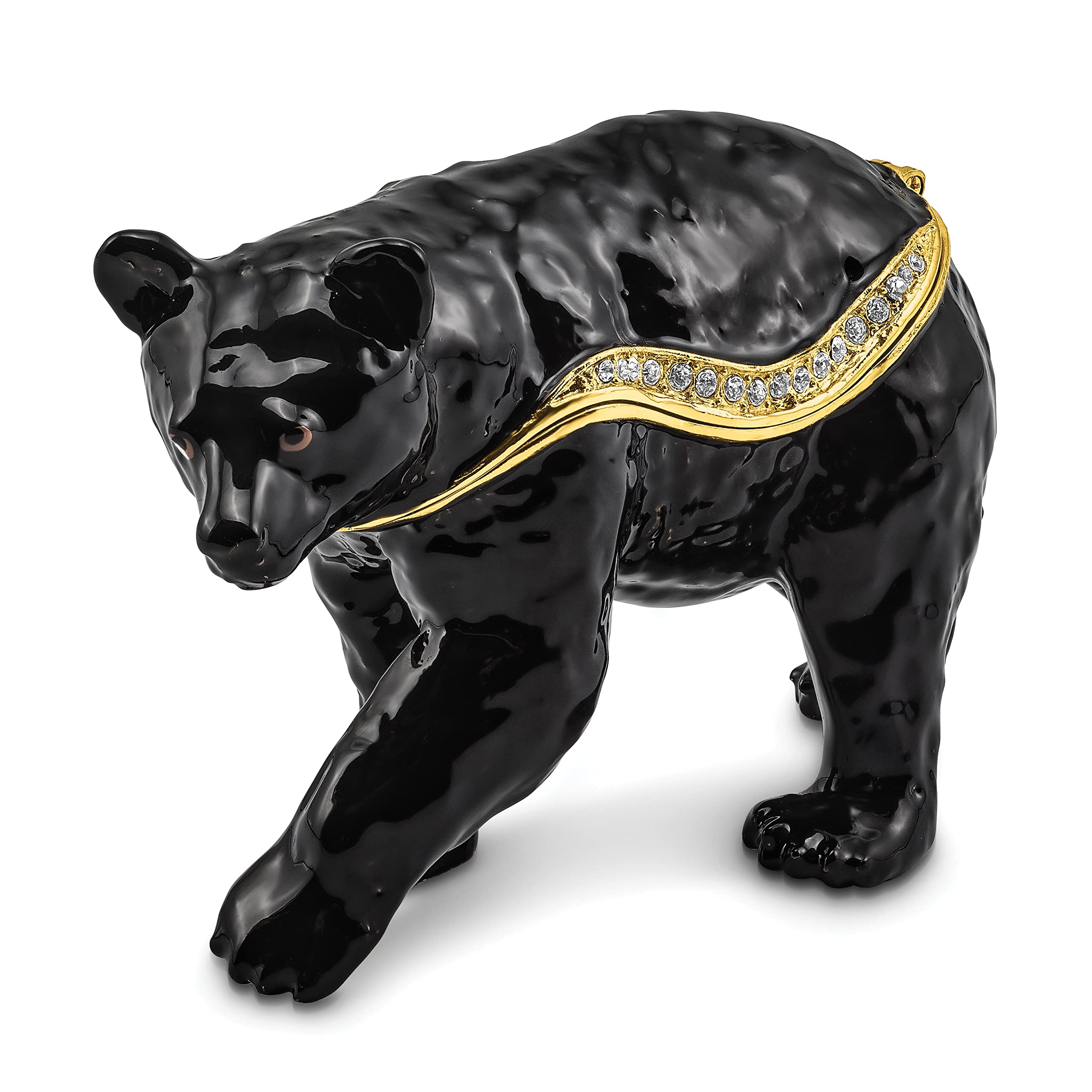 Handcrafted Bejeweled Black Enamel Smokey Walking Bear Trinket Box - Jewelry Storage & Gift Box for Home Decor, Collectibles Display