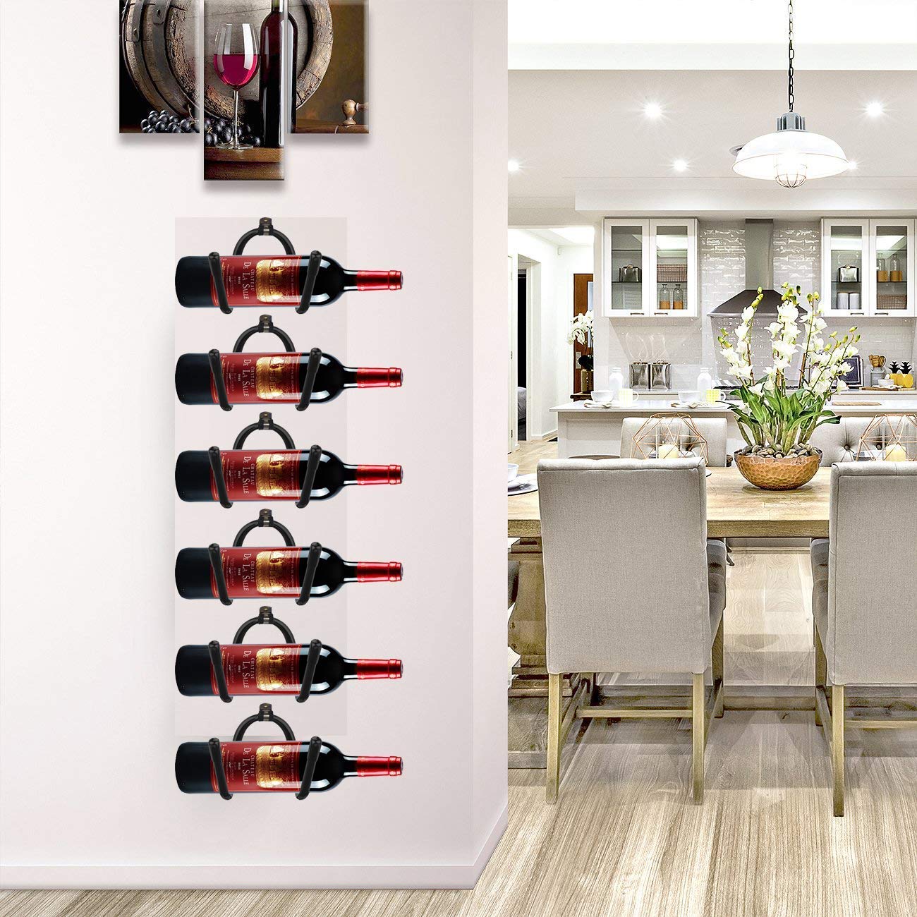 6-Pack Adjustable Wall Mount Wine & Towel Rack - Flexible Metal Bottle & Glass Holder with Rubber Protection (No Scratches) - Home Kitchen Decor & Storage Solution for Bars, Restaurants, and Modern Homes